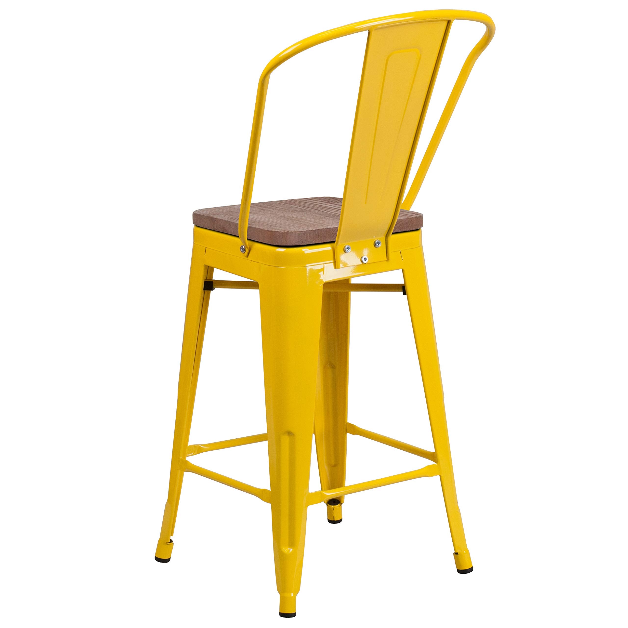Flash Furniture Lily 24&quot; High Yellow Metal Counter Height Stool With Back And Wood Seat (Pack Of 1)