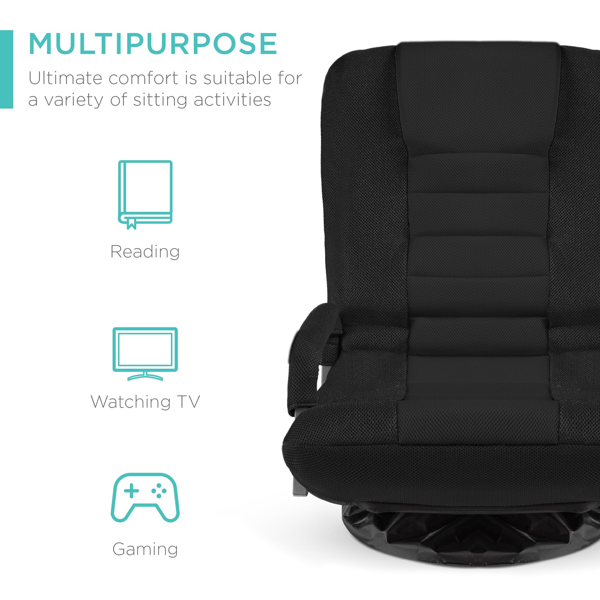Best Choice Products Swivel Gaming Chair 360 Degree Multipurpose Floor Chair Rocker For Tv, Reading, Playing Video Games W/Lumbar Support, Armrest Handles, Adjustable Backrest - Black/Black