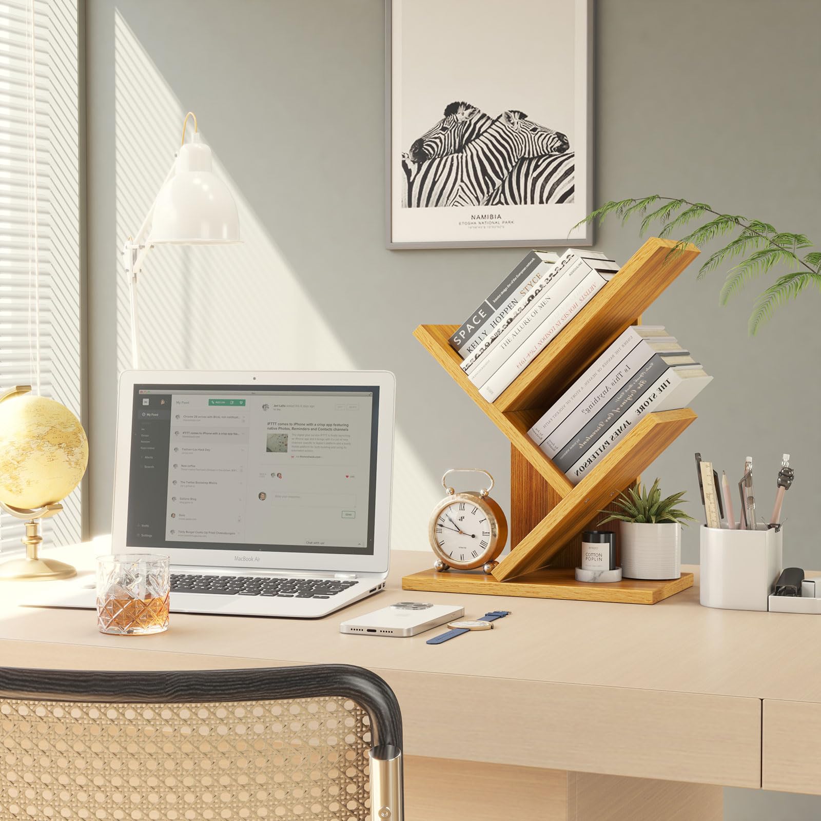 Ymyny 2 Tier Tree Bookshelf, Small Bookcase, Modern Wood Book Storage Rack Organizer, Freestanding Book Shelf For Books/Movies/Cds, Display Rack For Bedroom, Home Office, Natural Uhbc012N