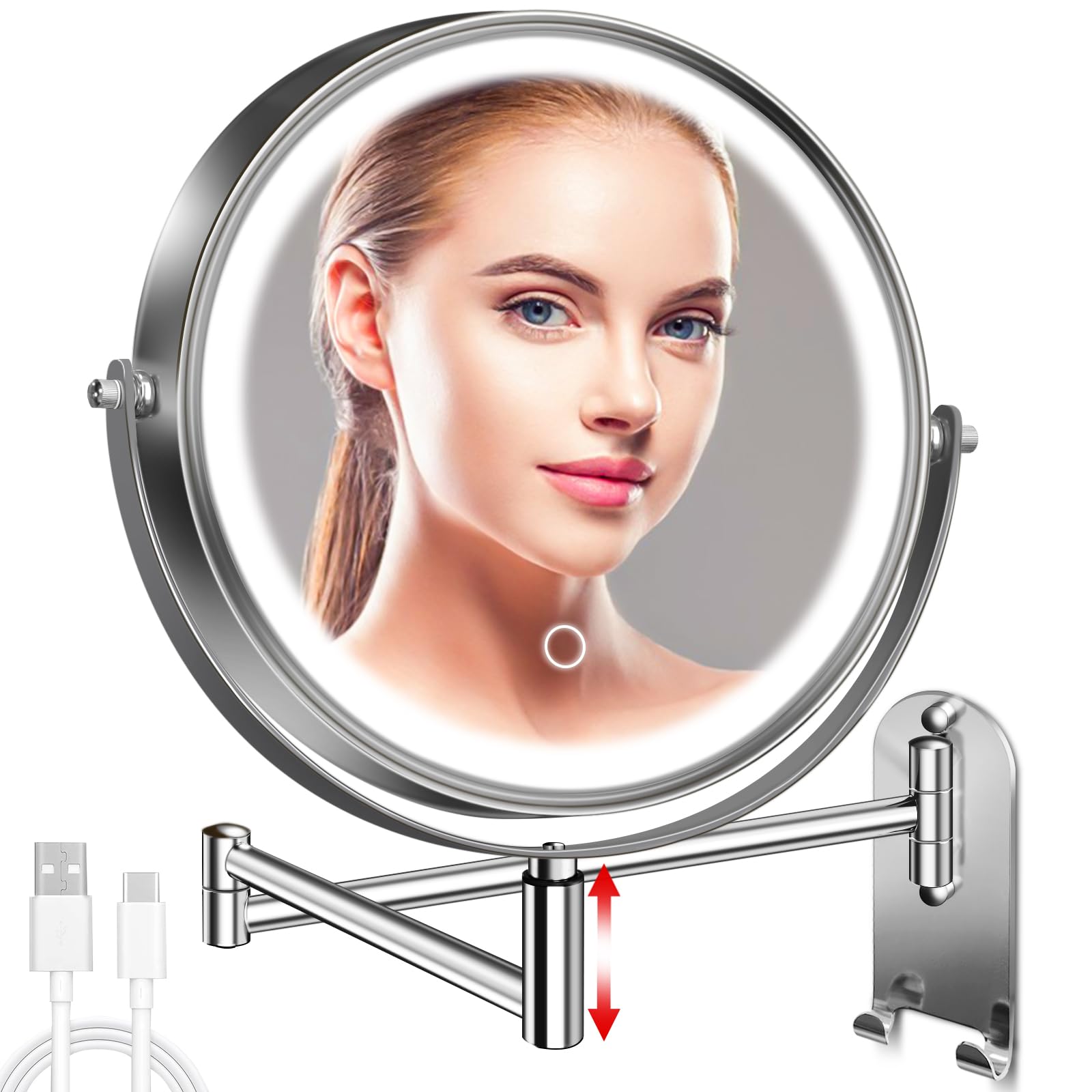 Conlwin 9' Wall Mounted Lighted Makeup Mirror, 3000Mah Rechargeable Double Sided 1X/10X Magnifying Mirror With Hook,3 Color Lig