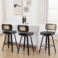 Bekrvio Swivel Counter Height Bar Stools Set Of 3, Upholstered Faux Leather Barstools With Rattan Back, 26' Seat Height Bar Chairs Island Stools For Kitchen Counter, Black Wood Frame, Black