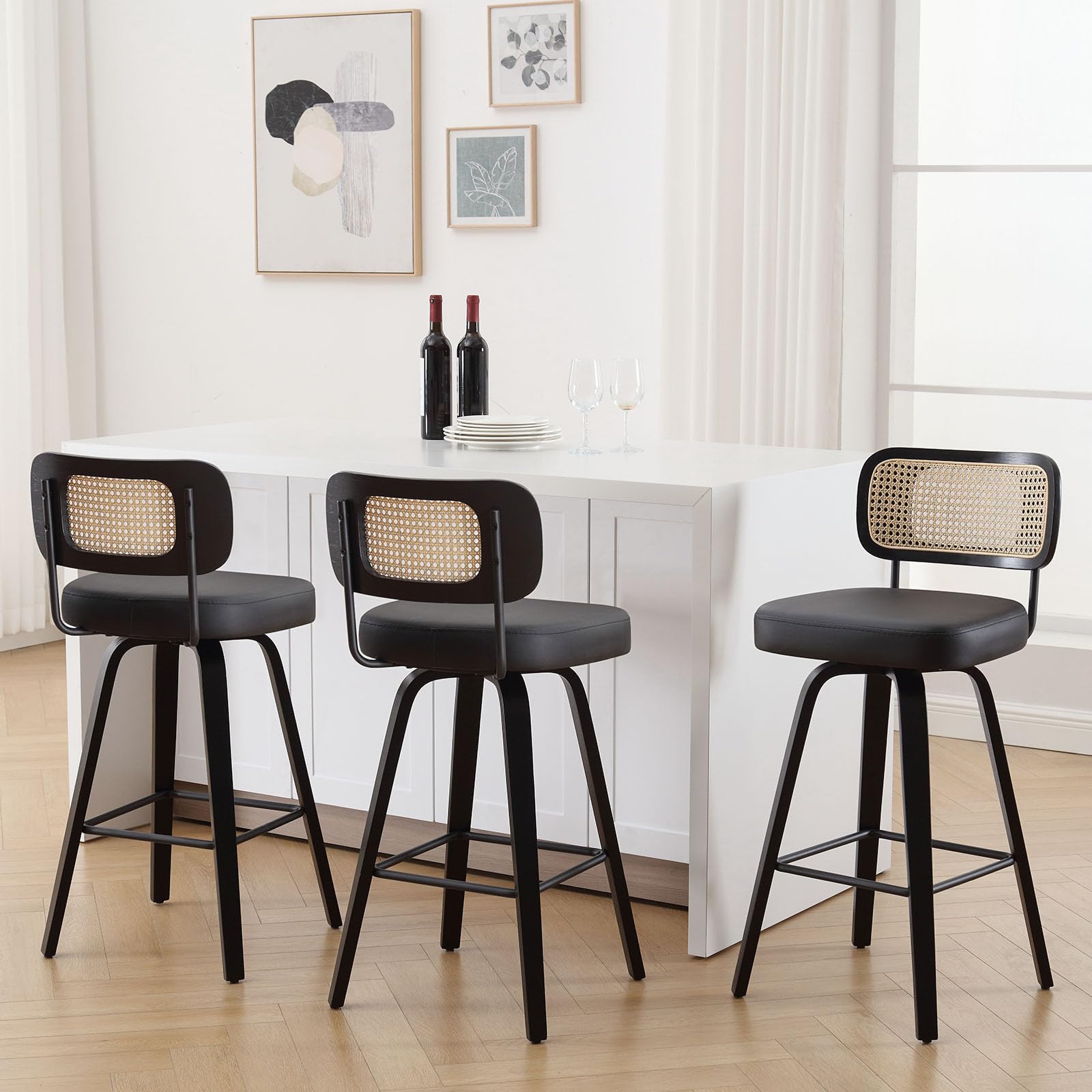 Bekrvio Swivel Counter Height Bar Stools Set Of 3, Upholstered Faux Leather Barstools With Rattan Back, 26' Seat Height Bar Chairs Island Stools For Kitchen Counter, Black Wood Frame, Black
