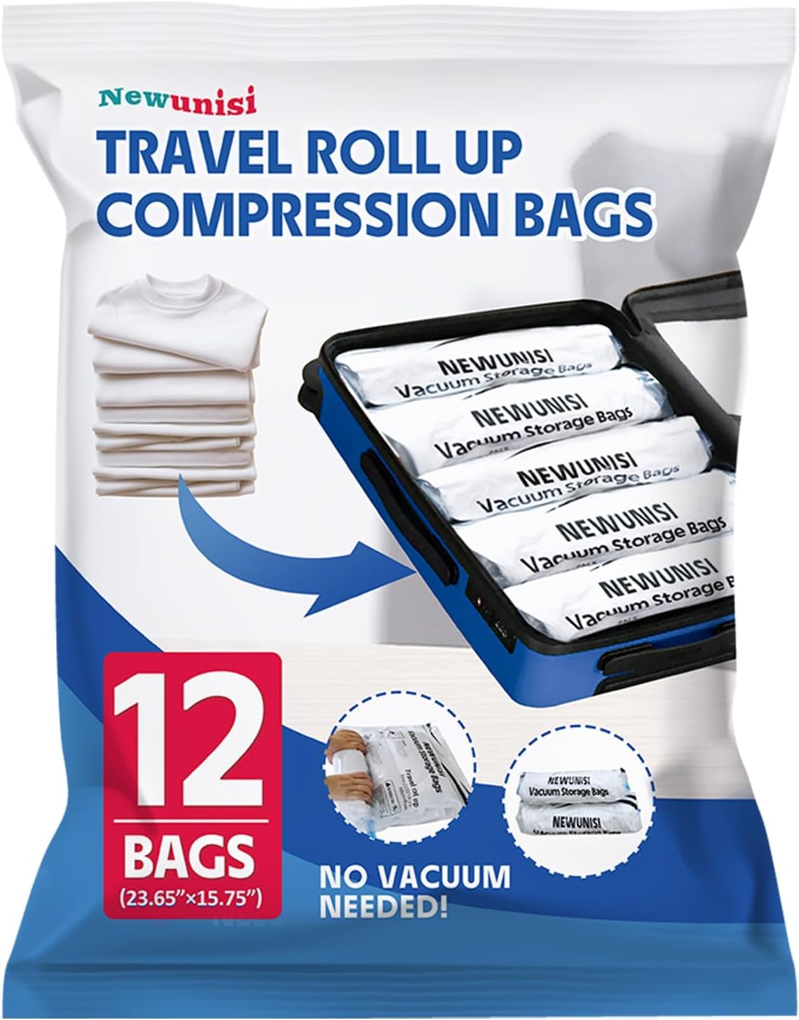 12Piece Travel Vacuum Storage BagsRollUp Compression Bags to Save Space in Luggage, for Camping, and for Storing ClothingNo 