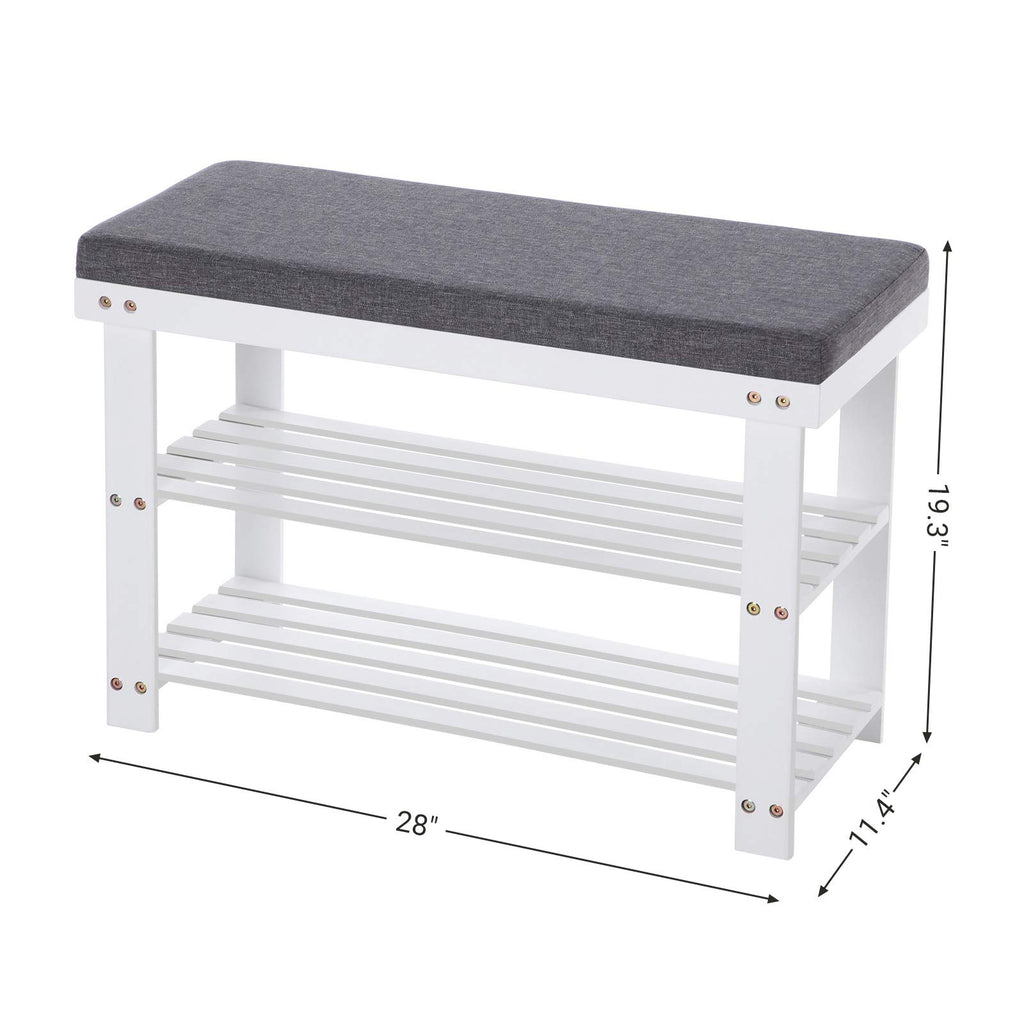 SONGMICS Bamboo Shoe Bench, 3-Tier Shoe Rack, 330 lb Capacity, 28" x 19.3", White and Gray