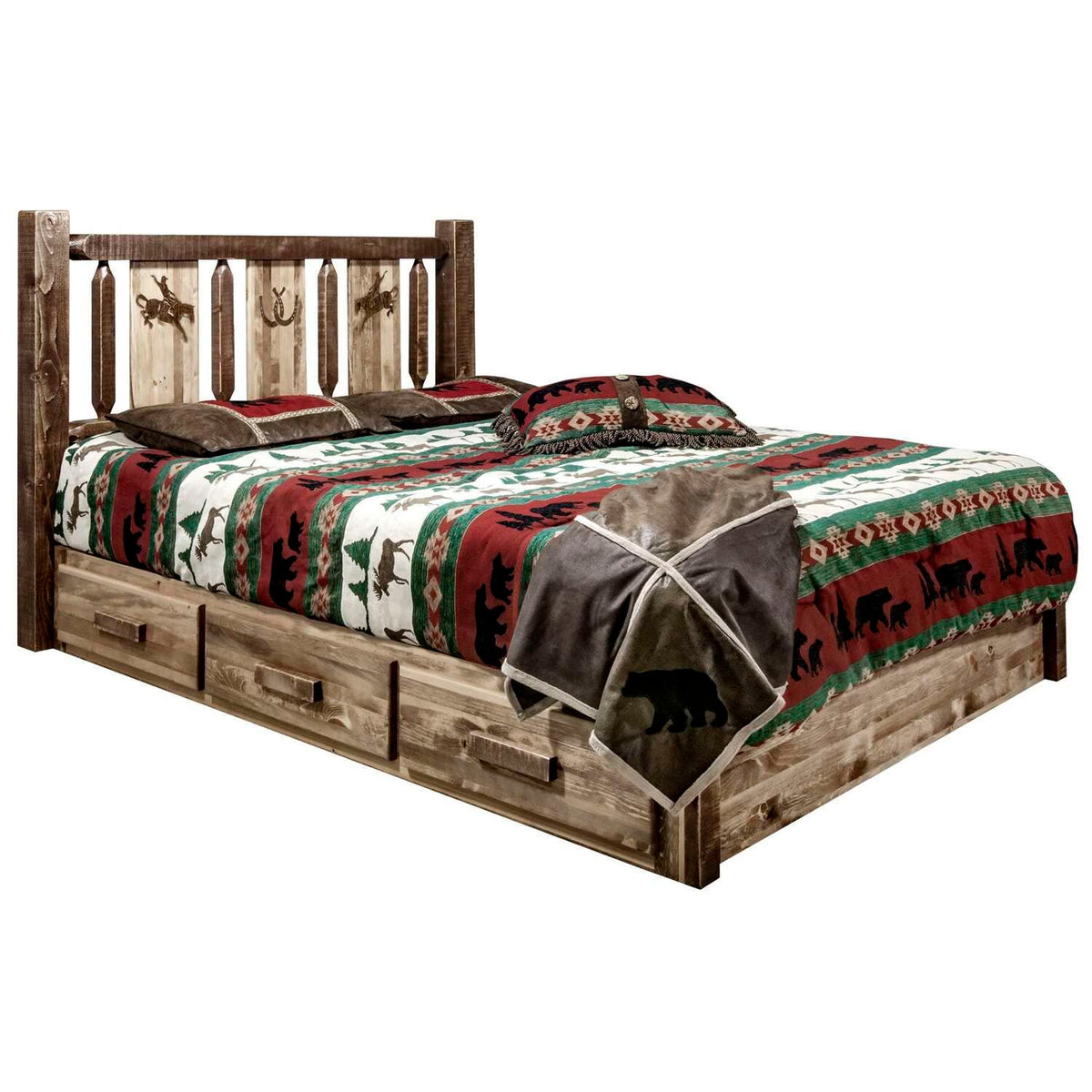 Montana Woodworks Homestead Collection Platform Bed w/Storage, Queen w/Laser Engraved Bronc Design, Stain & Clear Lacquer Finish