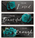 3 Pieces Teal Wall Decor Inspirational Teal Roses Bathroom Decor Wooden Wall Art Positive Quotes You Are Loved You Are Beautiful