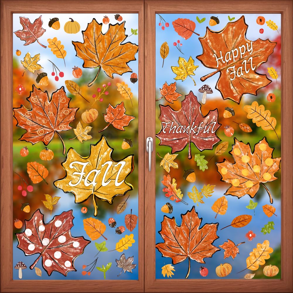 YUJUN 8 Sheets Thanksgiving Fall Window Clings, Maple Leaves Pine Cones Oil Painting Window Decals Stickers for Autumn Glass Hom