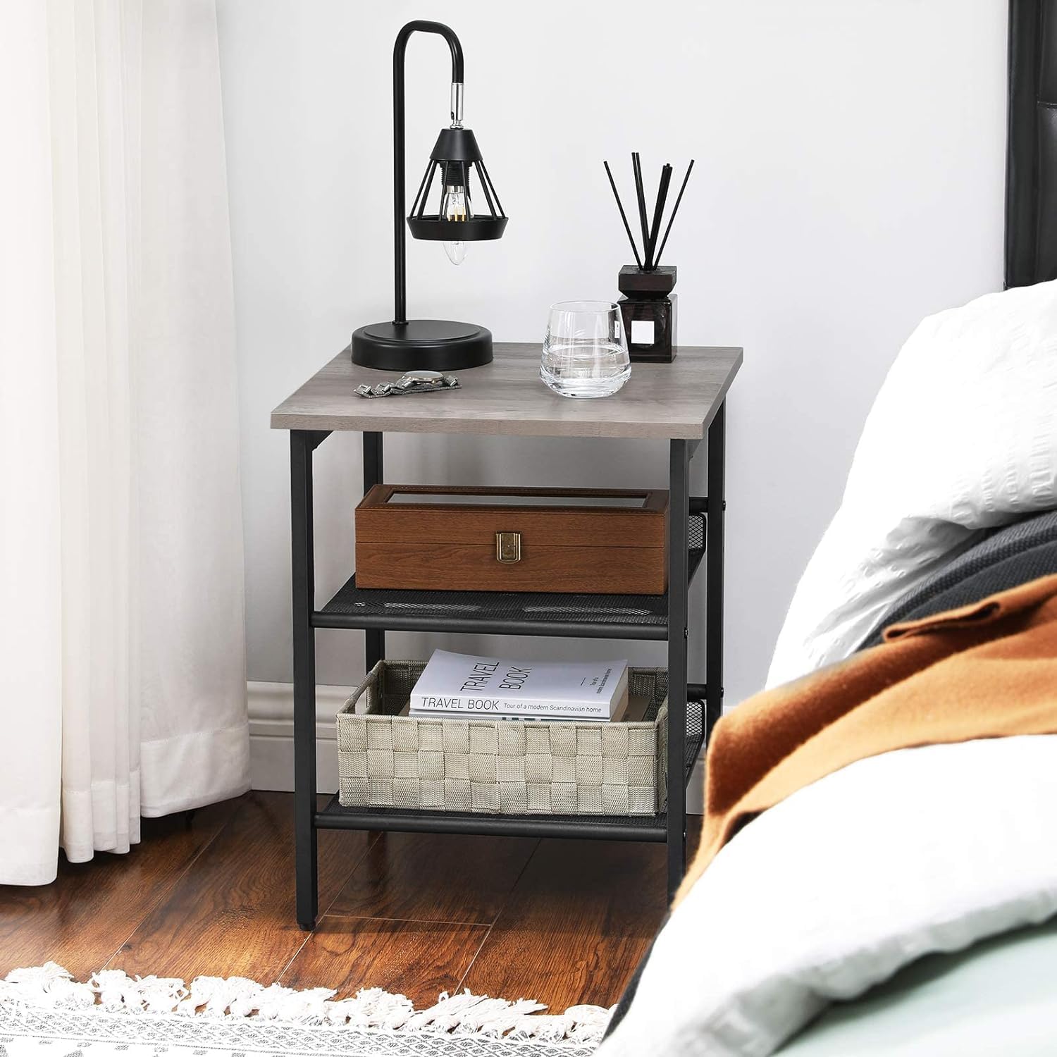 Vasagle Indestic End Table, Nightstand With 2 Adjustable Mesh Shelves, Industrial Side Table For Living Room, Stable Metal Frame, Easy Assembly, Greige And Black Ulet023B02