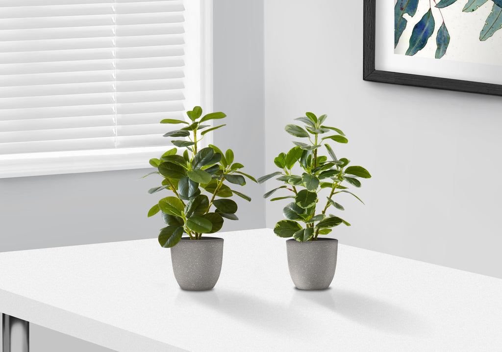 Monarch Specialties I 9558 Artificial Plant, 14' Tall, Ficus, Set of 2, Decorative, Green Leaves, Grey Pots