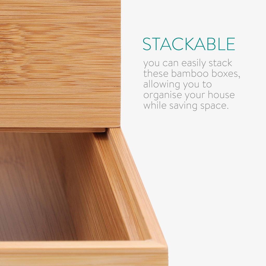 Navaris Bamboo Storage Boxes - Set Of 2 Wood Stackable Box Organizers For Bedroom, Kitchen, Bathroom, Living Room, Makeup, Jewel