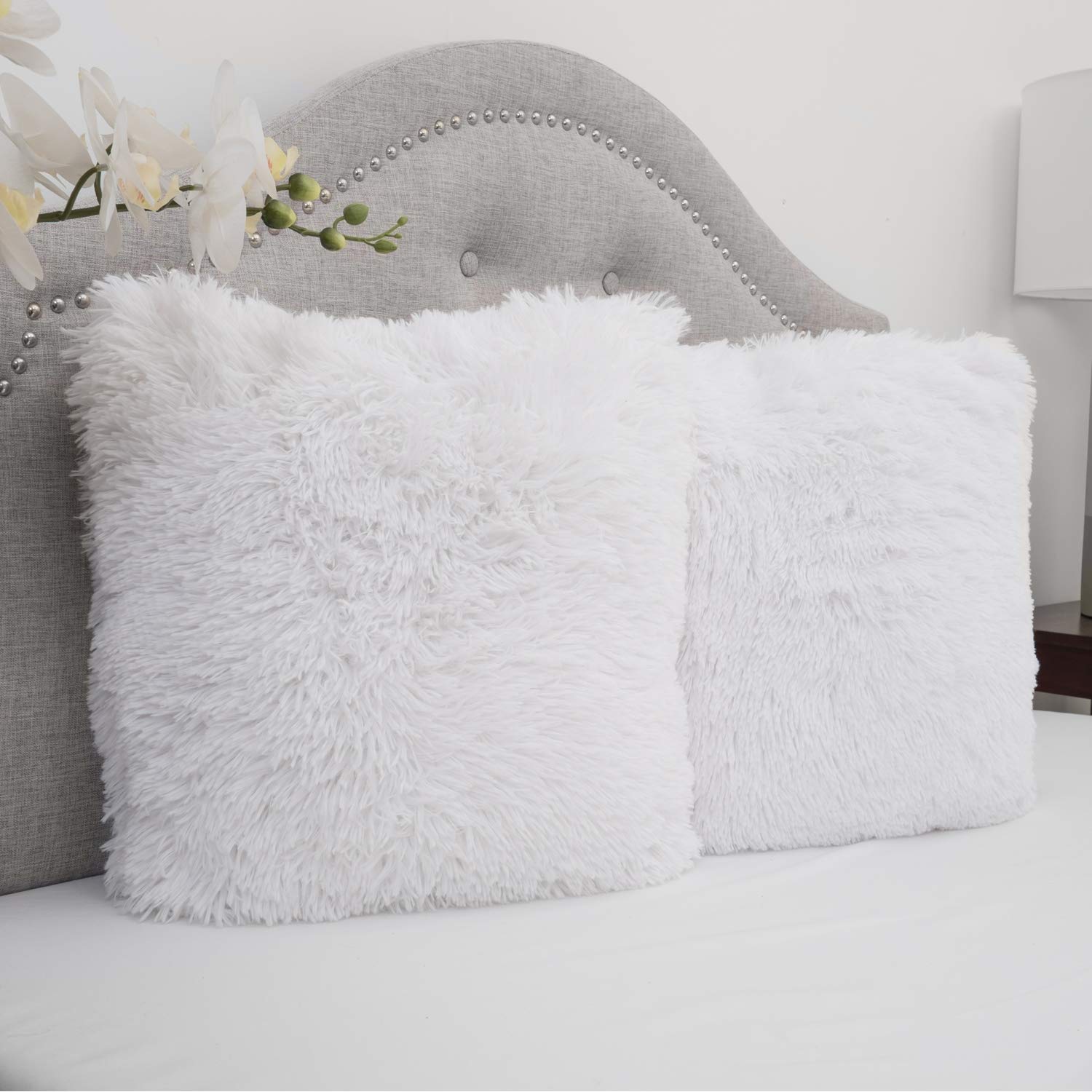 Sweet Home Collection Throw Pillows Plush Faux Fur Soft Fuzzy Pillows 18' X 18' - Set Includes 2 Full Pillows, White (Pack Of