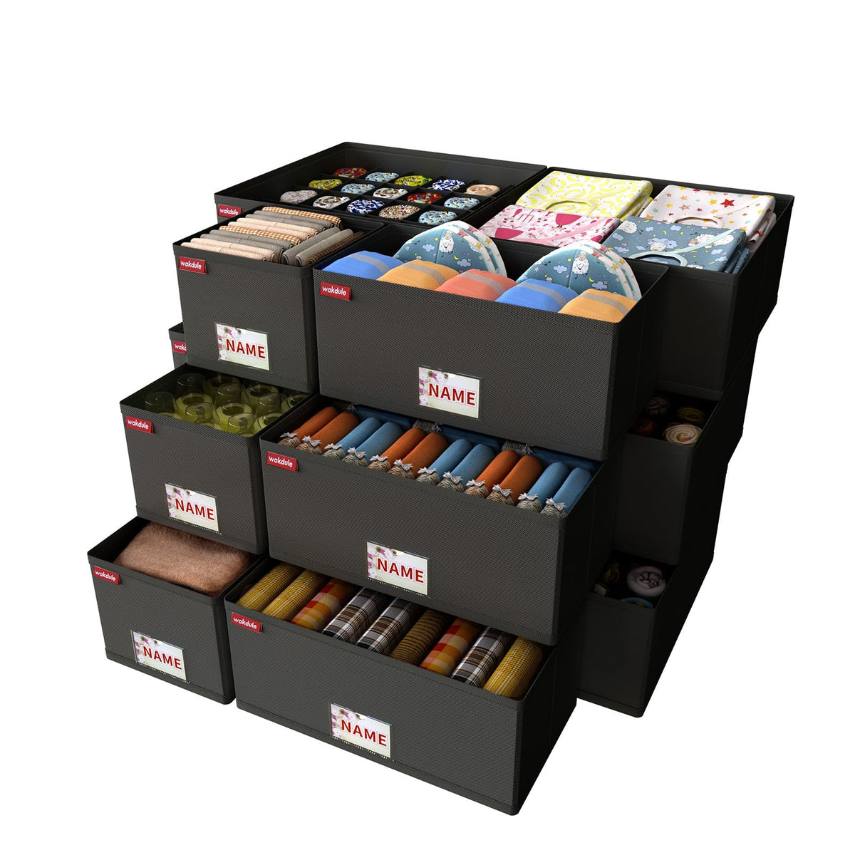 Folding drawerstyle storage box designed for organizing clothes, socks, bras, and handkerchiefs, featuring reinforced bottom pa