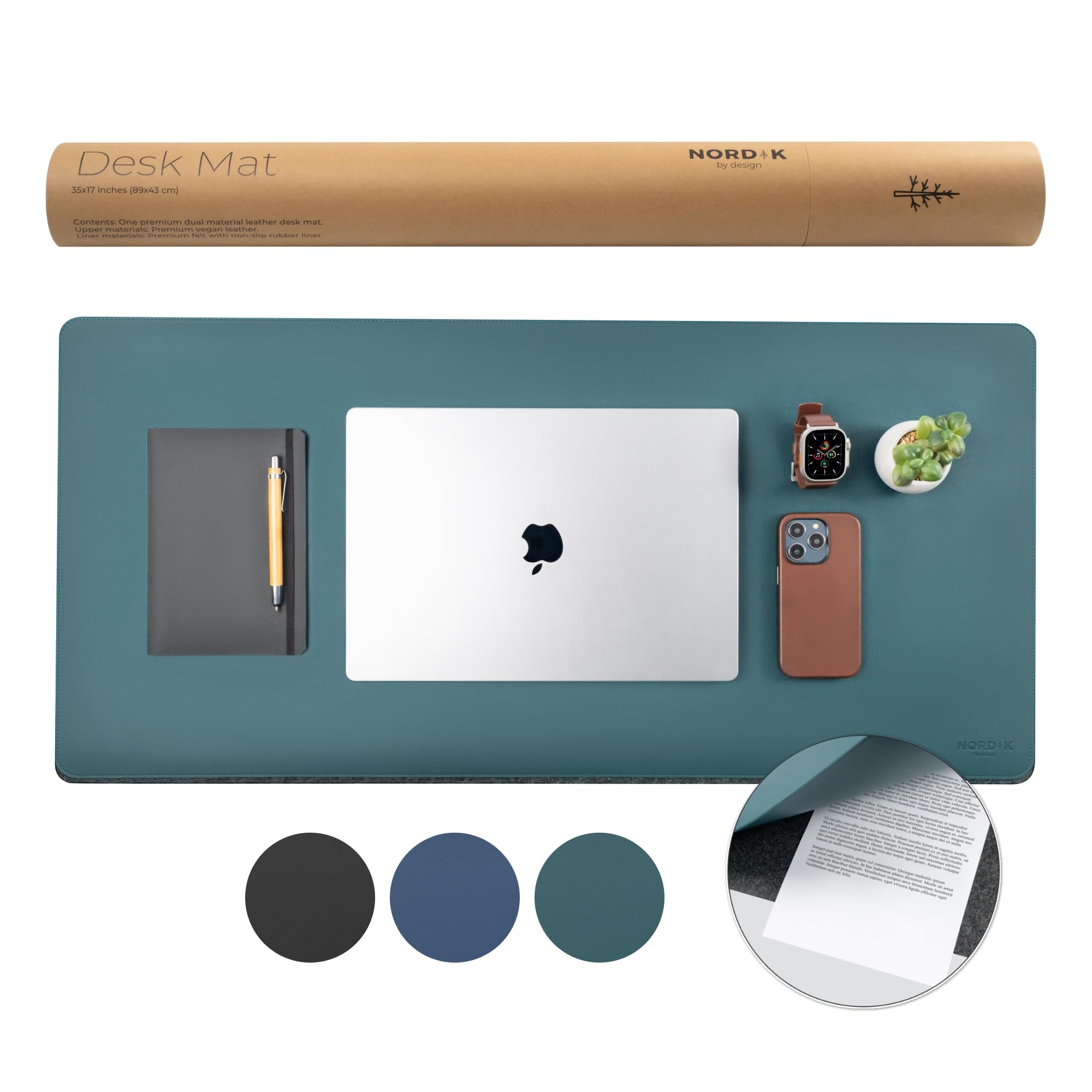 Nordik Felt And Leather Desk Mat Non-Slip - Green - 35 X 17 Inch - Felt And Vegan Leather Desk Pad - Document Organizers - Desk