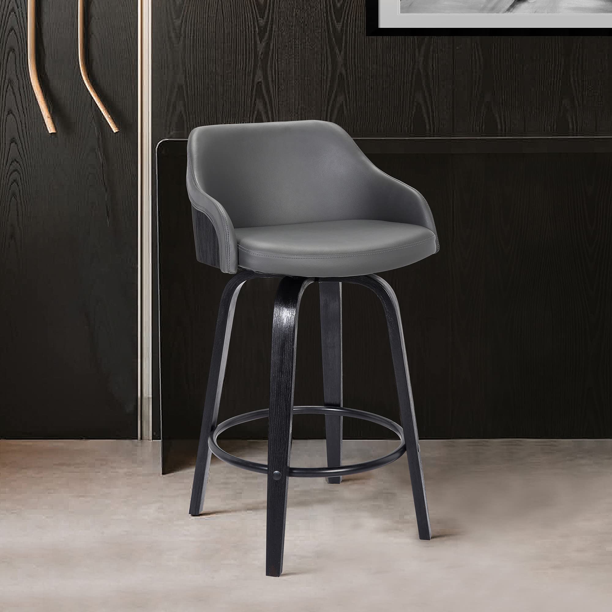 HomeRoots Black Steel,Faux Leather,Plywood 30â€ Gray Swivel Faux Leather Black Wooden Bar Stool