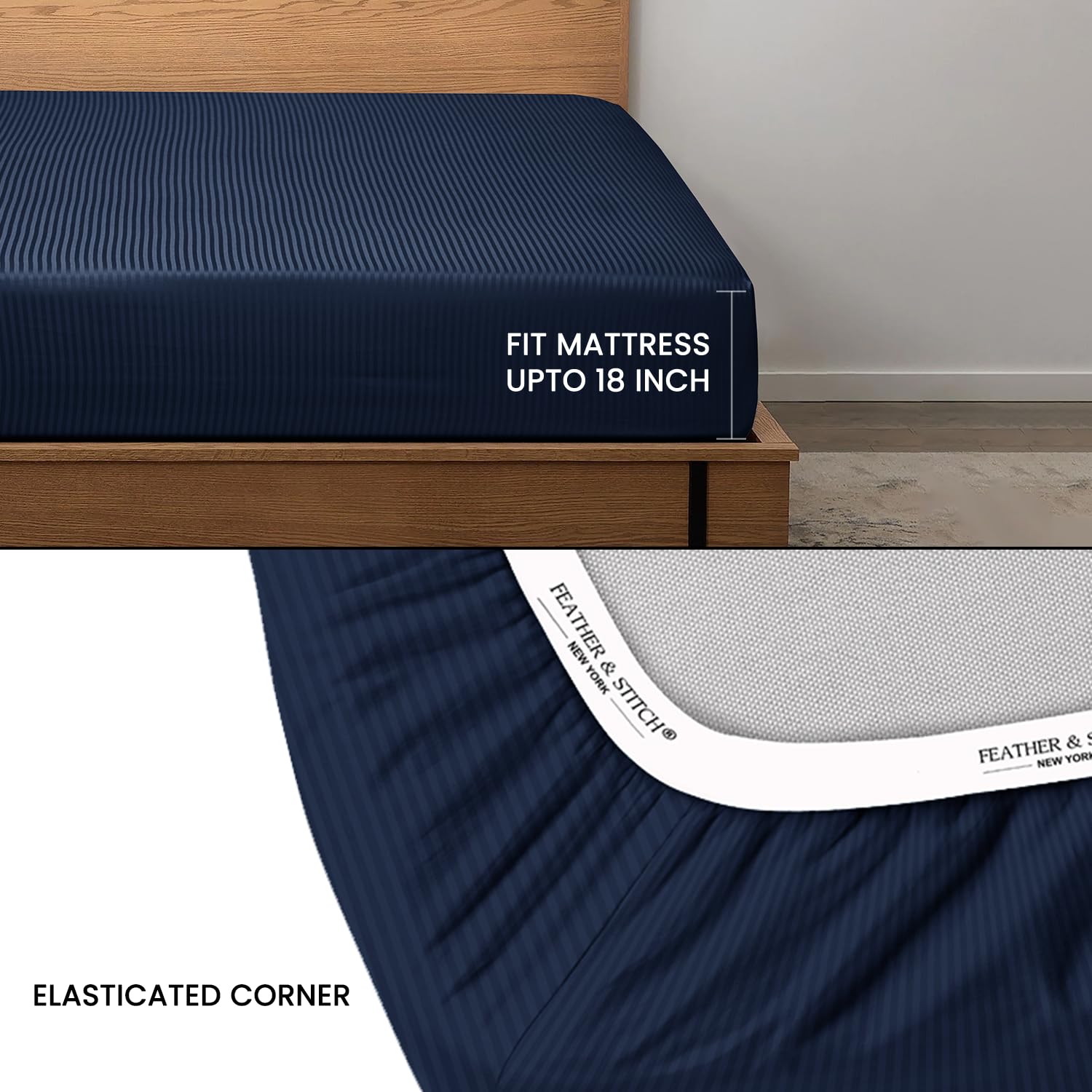 Feather & Stitch 1 Pc Fitted Sheet California King Size, 100% Cotton Damask Sateen Weave, Striped Breathable, Stretchable Elastic Sheet For Mattress 18 Inch Deep Pocket, 500Tc Ultra Soft - Dark Blue