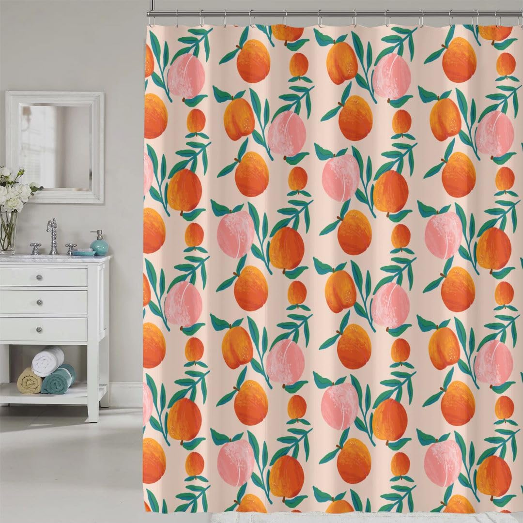 Cosevier Peach Shower Curtain, Vibrant Cute Fruit Waterproof Shower Curtains For Bathroom, Cartoon Home Decorative Fabric Bath C