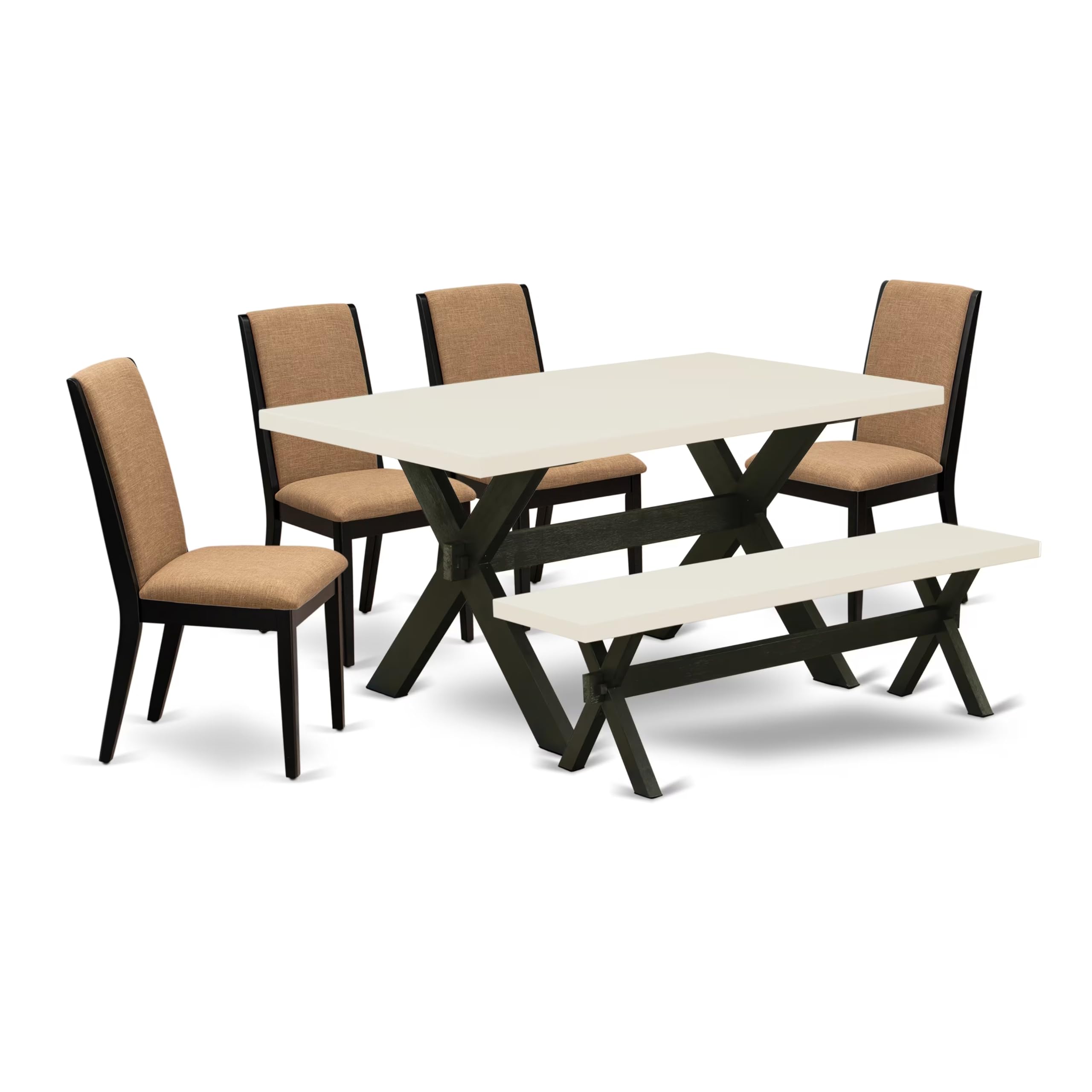 East West Furniture X626La147-6 6 Piece Kitchen Table Set Contains A Rectangle Dining Table With X-Legs And 4 Light Sable Linen Fabric Parson Chairs With A Bench, 36X60 Inch, Multi-Color
