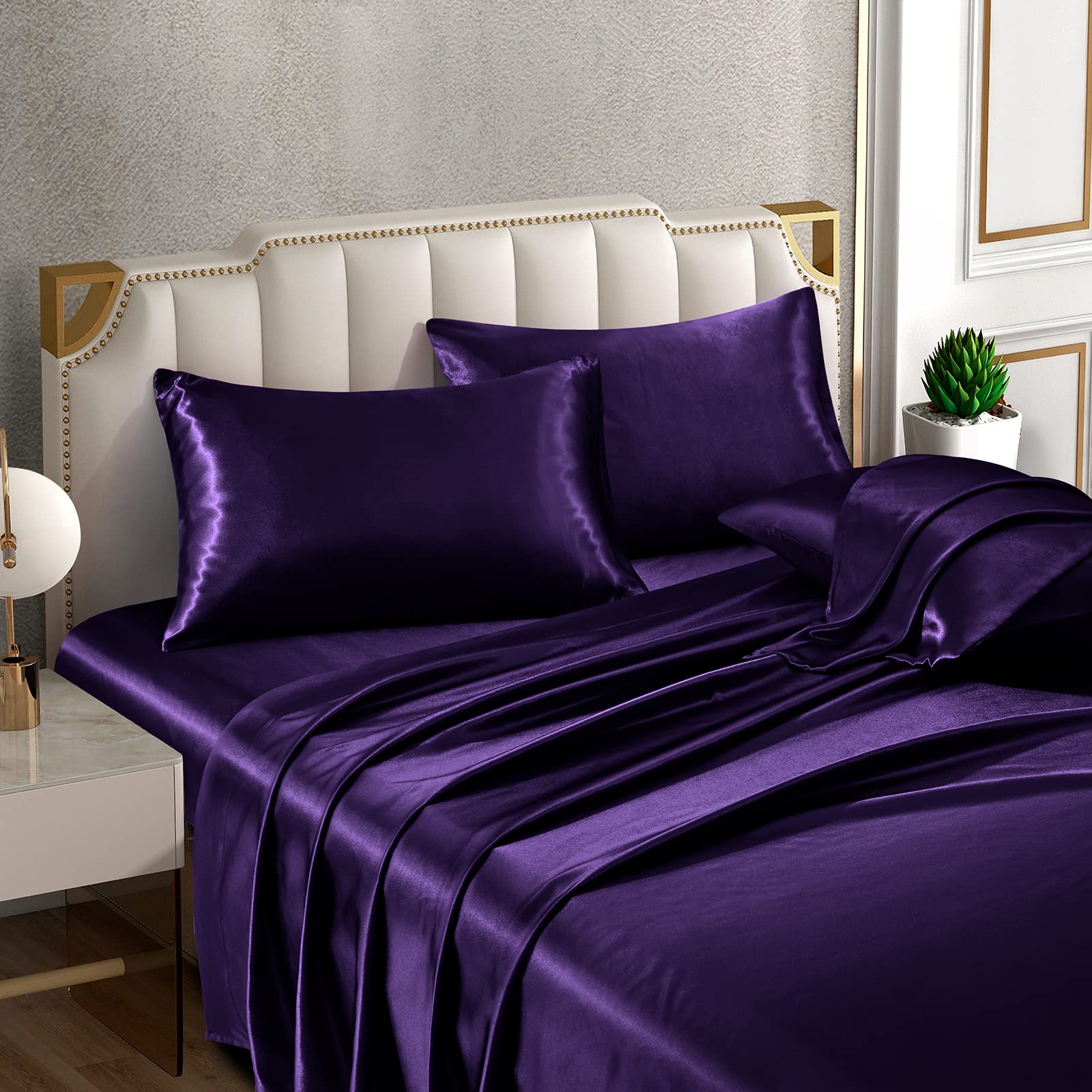 Horbaunal 6 Piece Satin Sheet Set King Size Luxury Silky & Soft Purple Satin King Bed Sheet Set With 16'' Deep Pocket, 1 Fitted