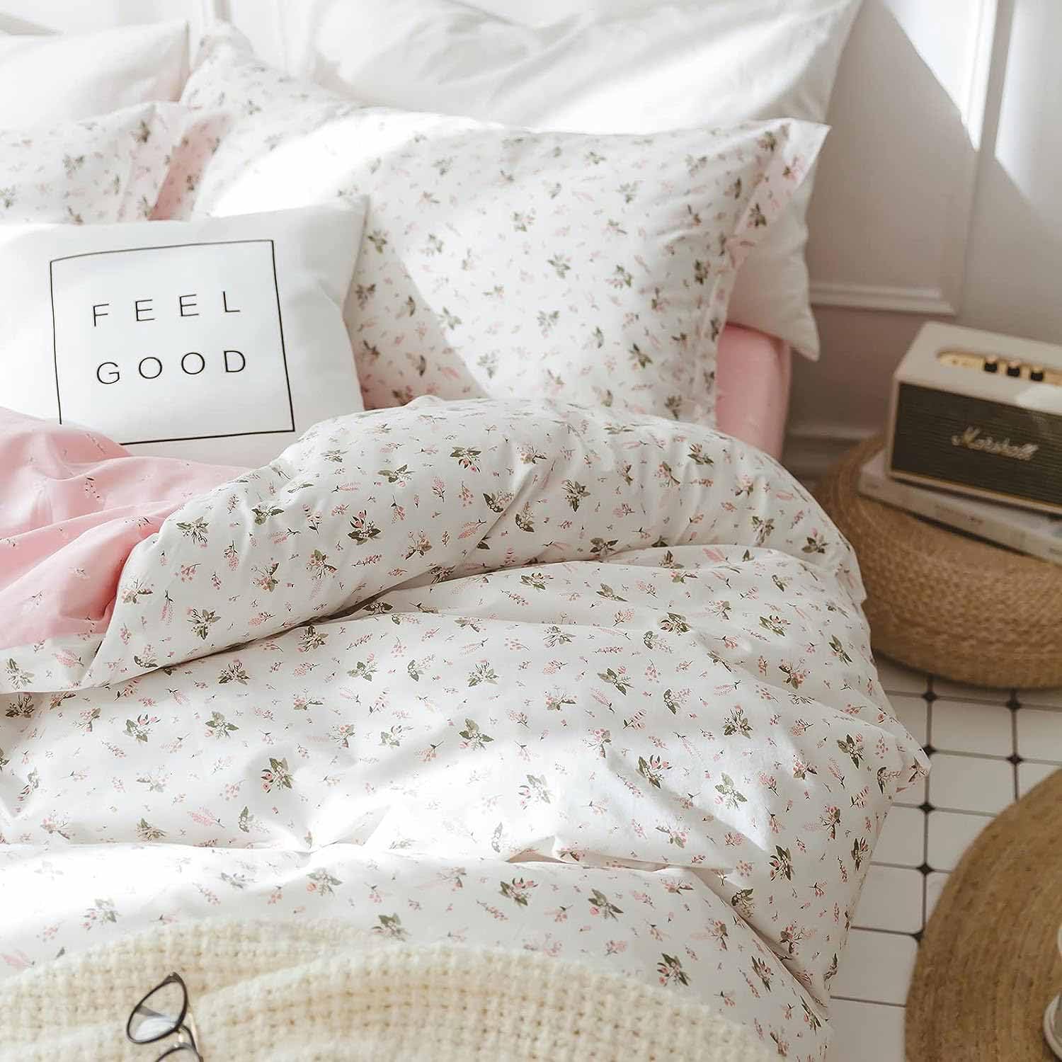 Pink And White Duvet Cover Full Size - 3 Pcs Floral Flower Leaf Pattern Printed Reversible Microfiber Comforter Cover Bedding Se