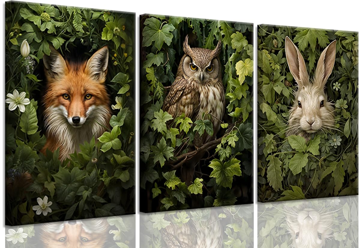 3pcs Framed Magical Forest Animal Canvas Wall Art Retro Wild Animals Posters Prints green Adventure Theme Cottagecore Paintings 