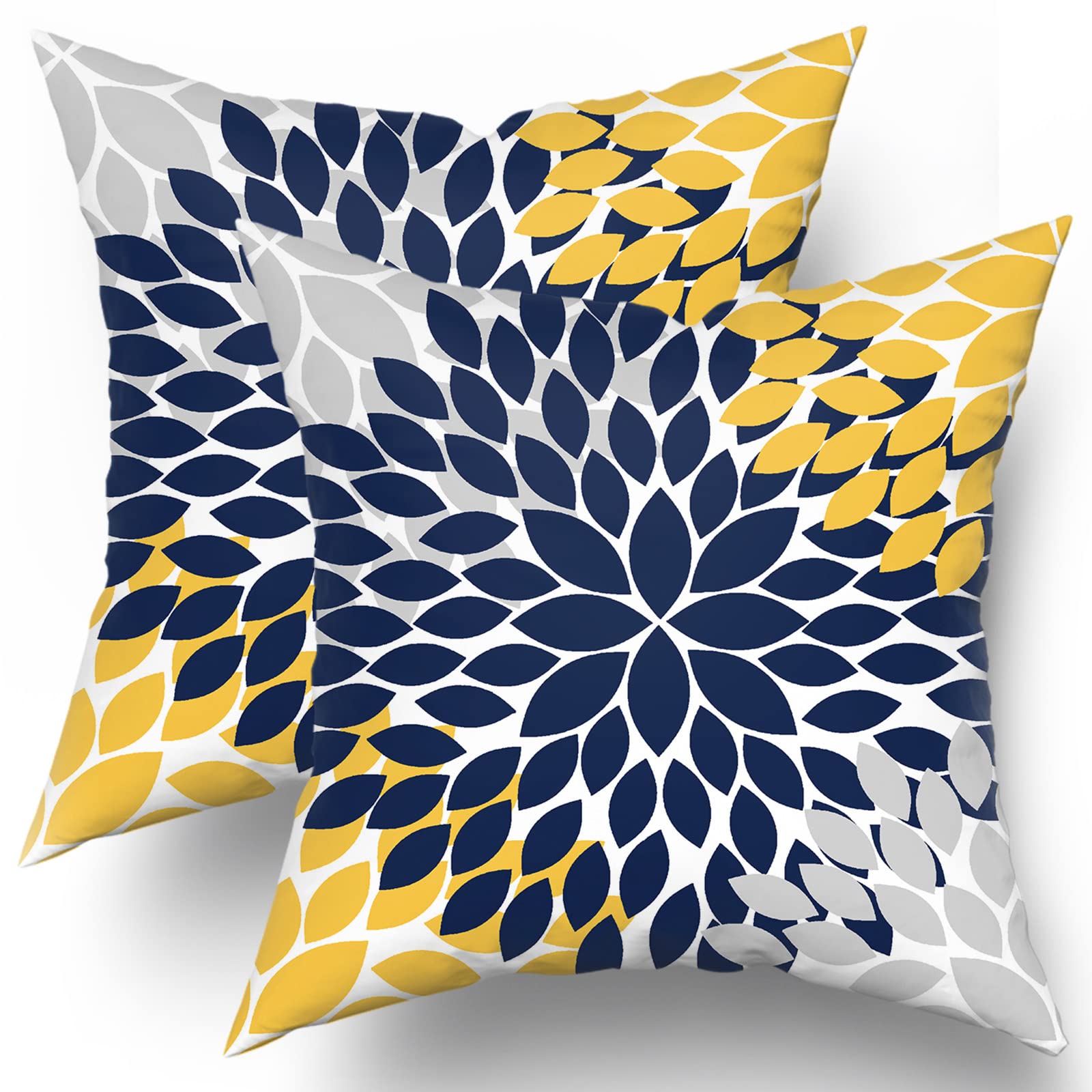 Navy Blue Yellow Pillow Covers 18X18 In Yellow Gray Dahlia Floral Geometric Pillow Cases Set Of 2 Elegant Geometry Flower Throw