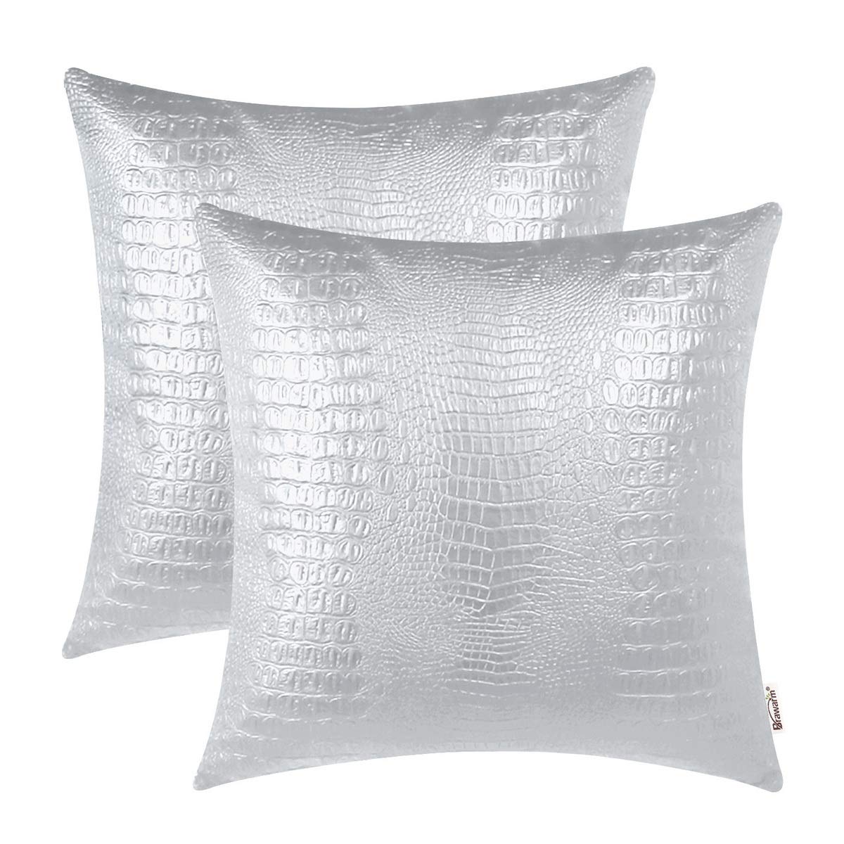 BRAWARM Faux Leather Pillow Covers 22 X 22 Inches, Silver Leather Pillow Covers Pack of 2, Crocodile Leather Decorative Throw Pi