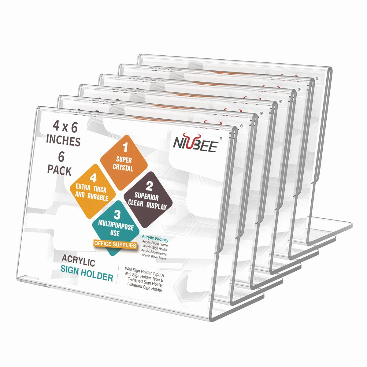 Niubee Slanted Back Acrylic Sign Holder 6 X 4 Inches, Clear Plastic Sign Holder Paper Display Table Stand For Office, Store, Res