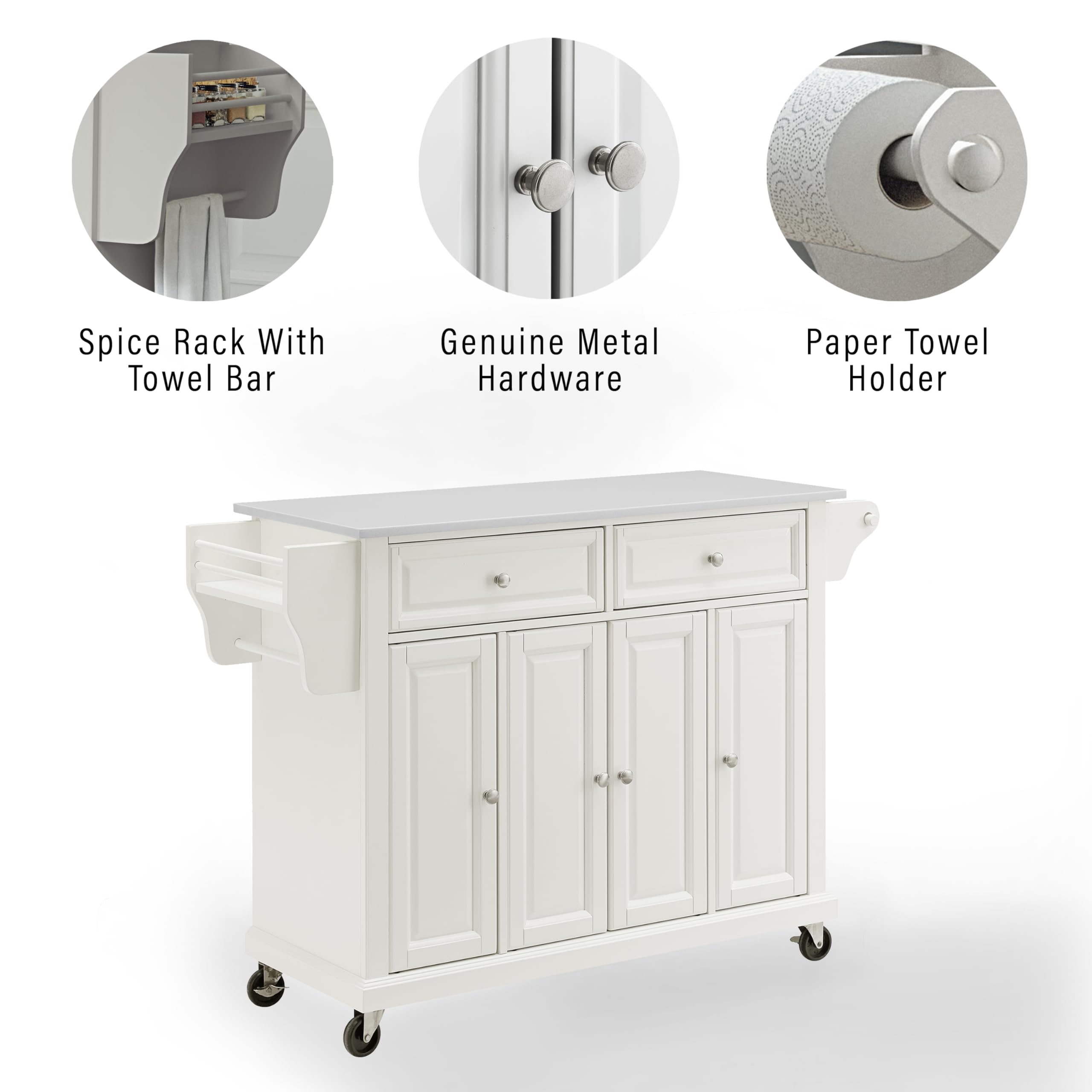 Crosley Furniture Full Size Stone Top Rolling Kitchen Island Storage Cart, Microwave Stand, Spice Rack, White