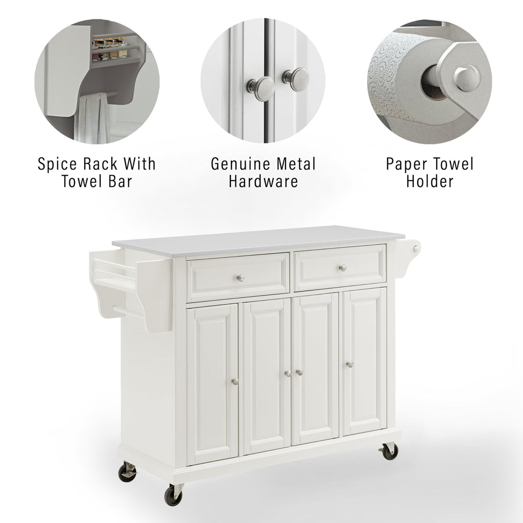 Crosley Furniture Full Size Stone Top Rolling Kitchen Island Storage Cart, Microwave Stand, Spice Rack, White