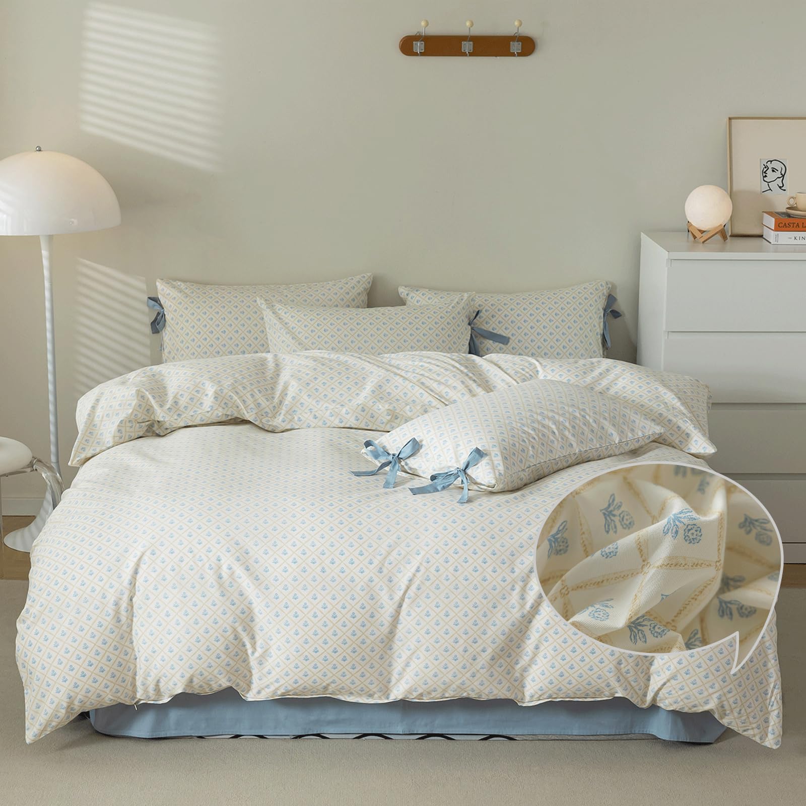 VM VOUGEMARKET Blue Flower Duvet Cover Queen with Plaid Grid Prints,100% Cotton Bedding Set,Aesthetic Comforter Cover for Girls 