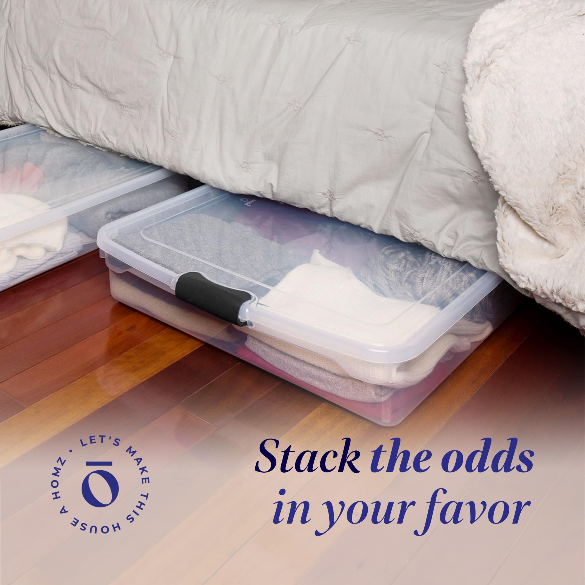 Homz Large 56 Quart Full/Queen Stackable Underbed Storage Bin, Clear Plastic Container With Rolling Wheels For Under Bed Use, 2