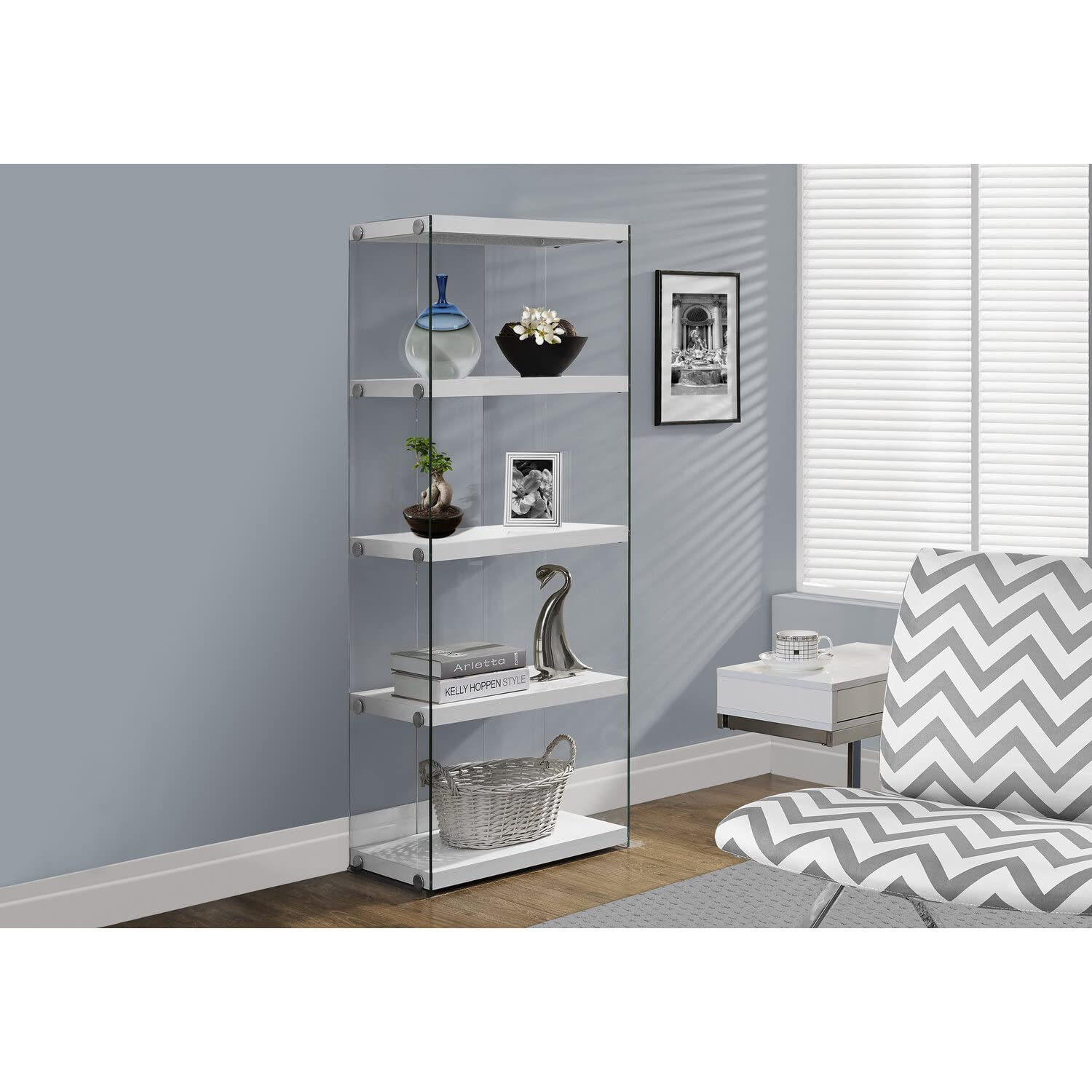 Monarch Specialties Bookcase - 5-Shelf Etagere Bookcase - Contemporary Look With Tempered Glass Frame Bookshelf - 60&quot;H (Dark Taupe)