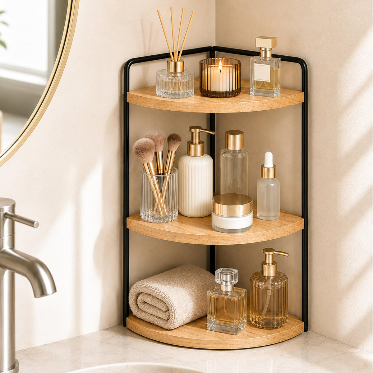 3Tier Corner Bathroom Countertop Organizer, Solid Pine Wood Vanity Shelf