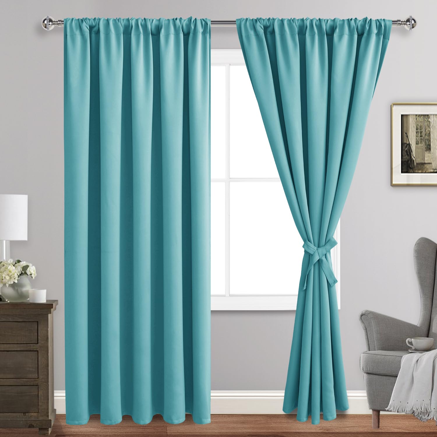 Jiuzhen Blackout Curtains For Bedroom - Thermal Insulated Room Darkening Rod Pocket Curtains For Living Room, Set Of 2 Panels With Tiebacks, 70 X 96 Inch Length, Turquoise