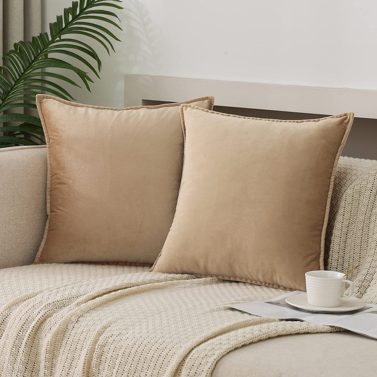 Jiahannha Velvet Khaki Throw Pillow Covers 24X24 Inches Pack Of 2 Soft Decorative Square Cushion Covers For Couch Sofa Bed Livin