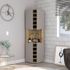 Mecca Corner Bar Cabinet With 4 Doors, 8 Shelves, 10 Cubbies, And Glass Rack, Macadamia/Taupe