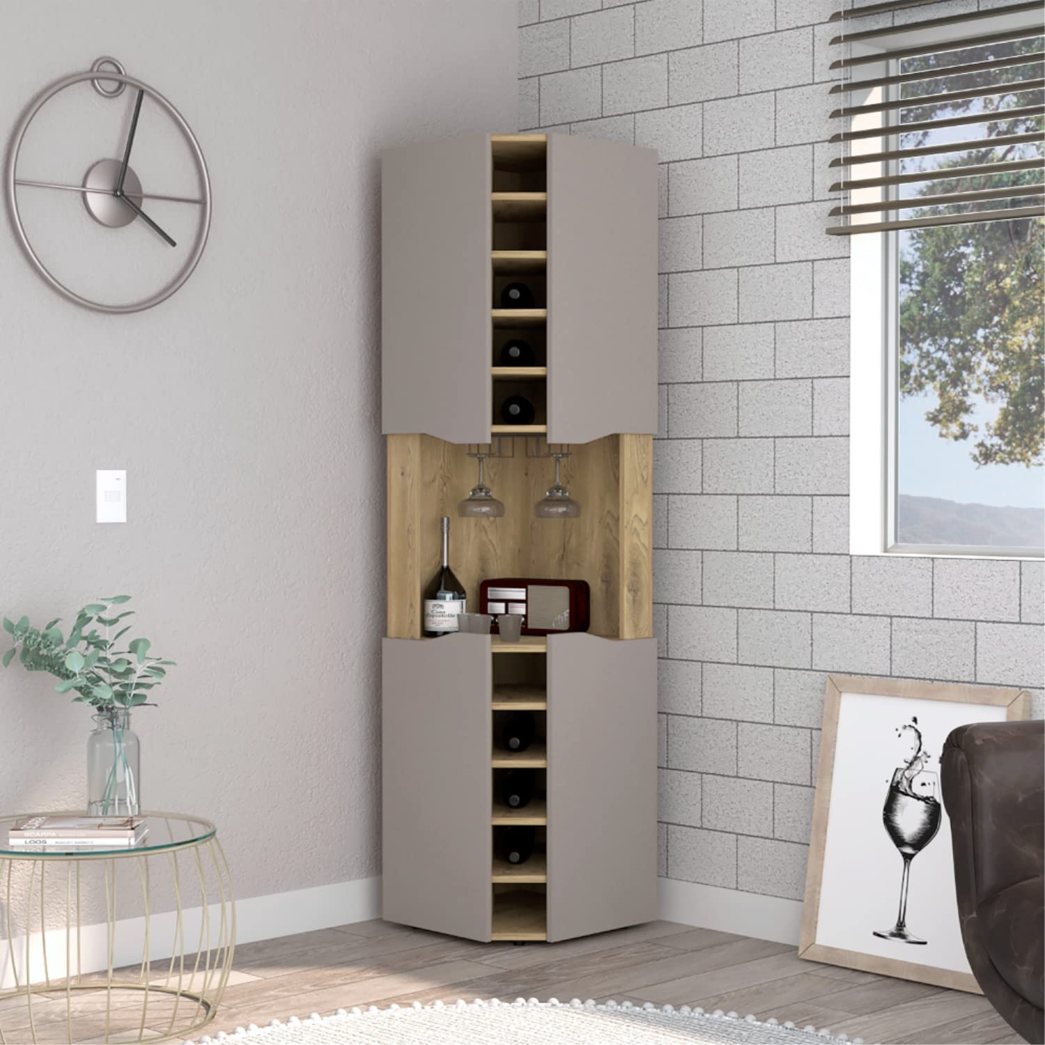 Mecca Corner Bar Cabinet With 4 Doors, 8 Shelves, 10 Cubbies, And Glass Rack, Macadamia/Taupe