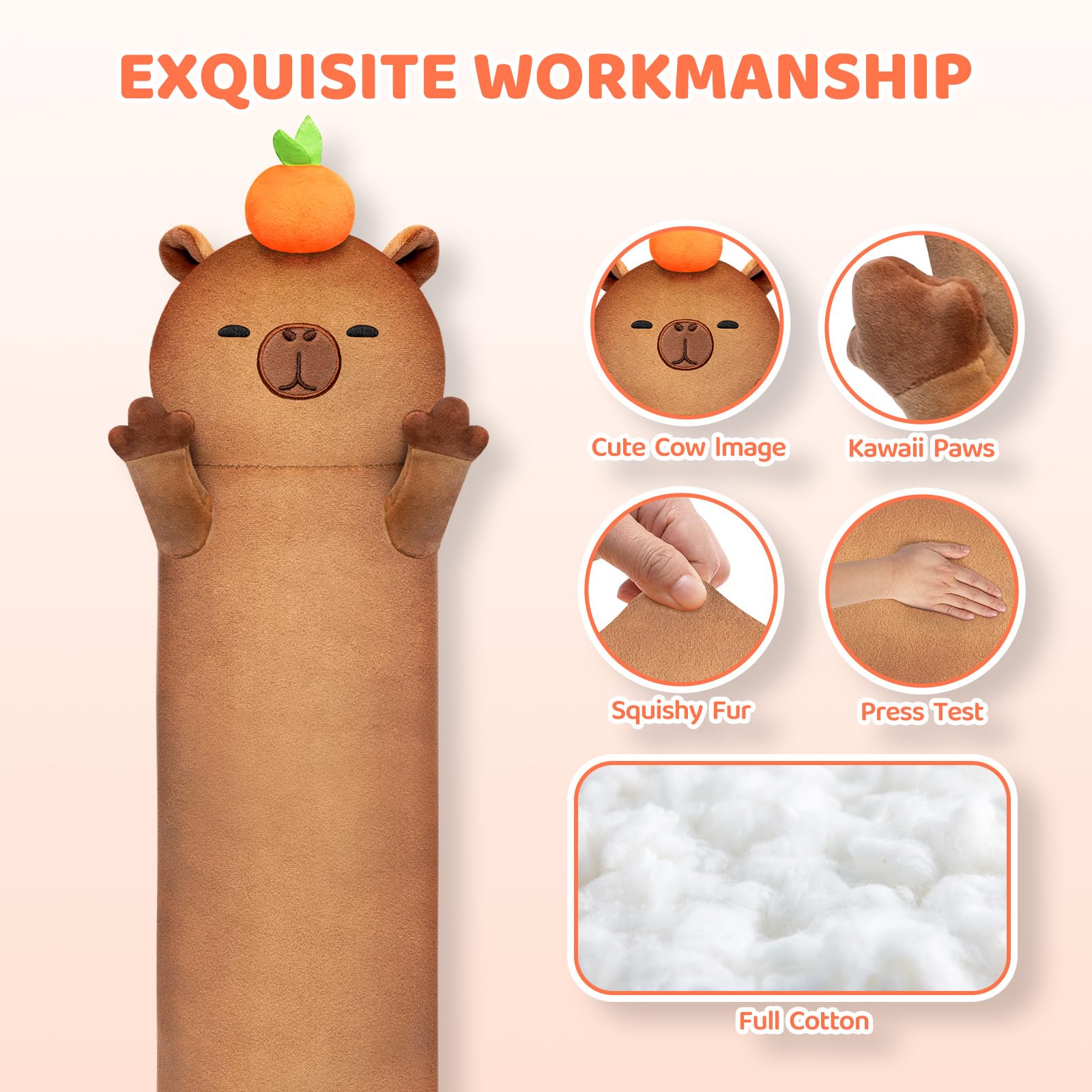 Mewaii Long Plush Capybara Body Pillow, Cute Capybara Stuffed Animals Soft Plushies, Squishy Big Cuddle Pillow Toys Gift For Gir