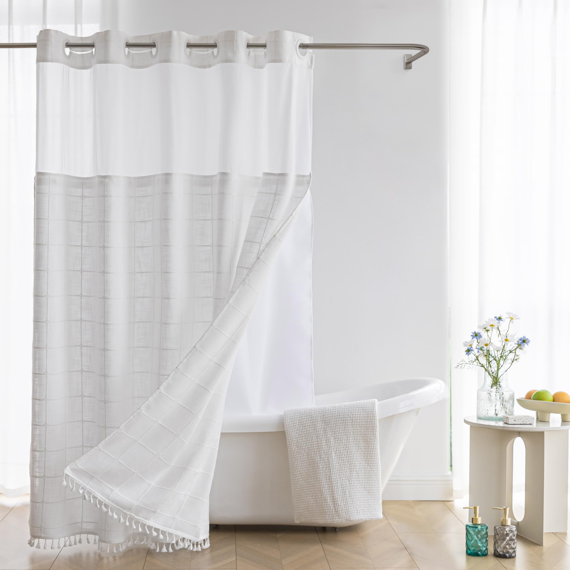 Farmhouse Shower Curtain with Snap-in Liner, No Hooks Needed ,Fabric Shower Curtains with Tassels for Rustic Bathroom Decor,with
