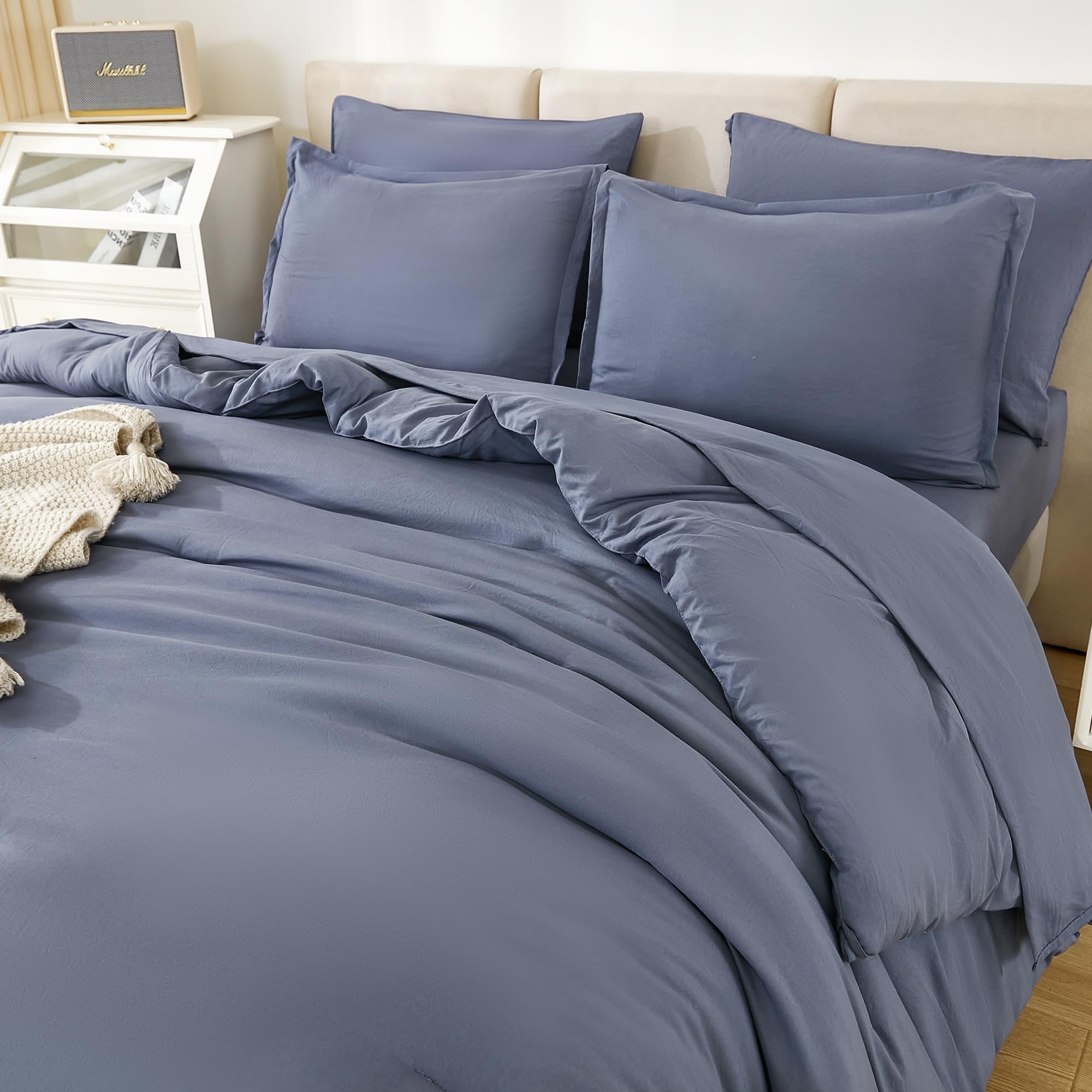 Litanika California King Comforter Set Bluish Grey - 7 Pieces Bed In A Bag Cal King Beddding Comforter Sets, Plain Lightweight B