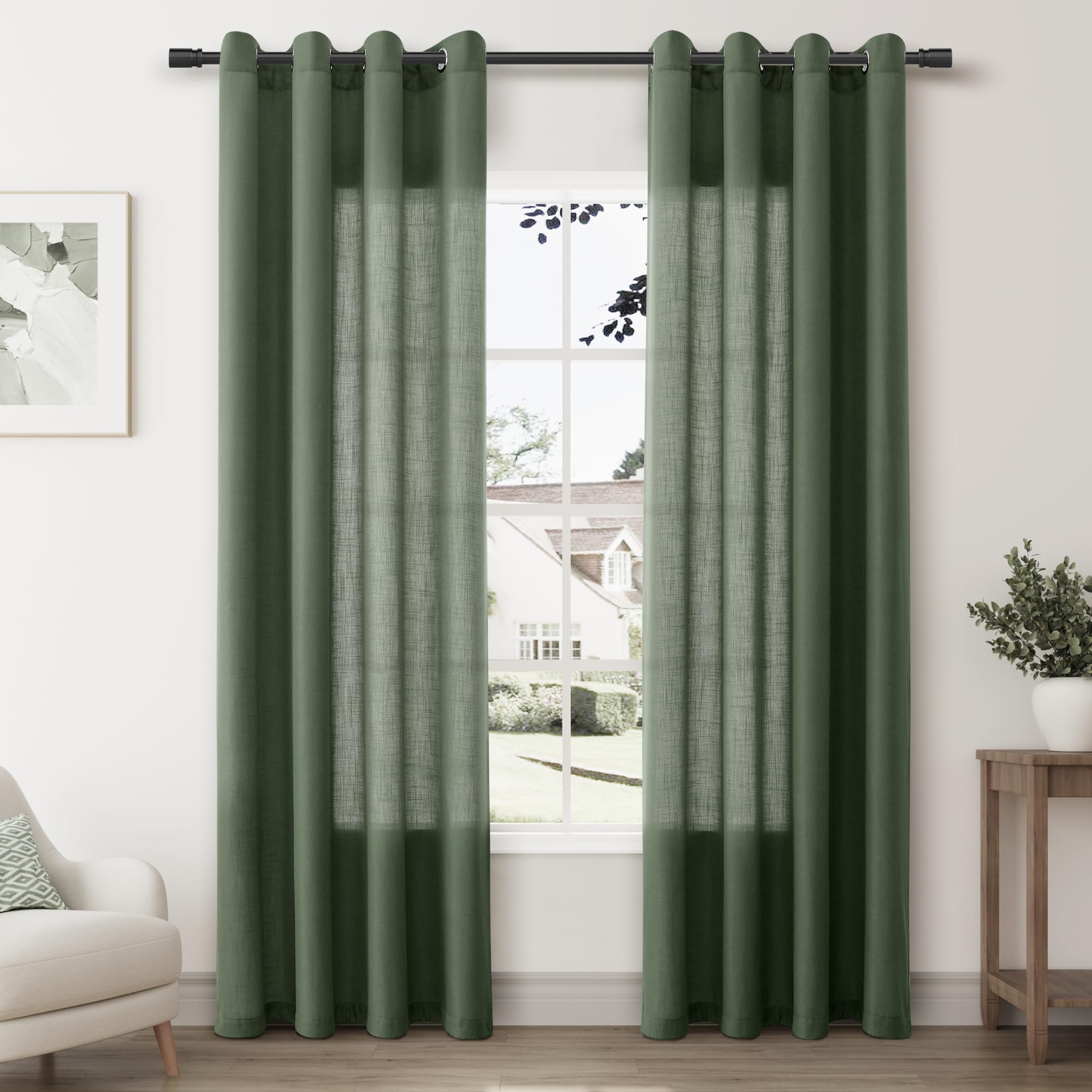 Nanspring Olive Green Living Room Curtains 84 Inch Length 2 Panels Linen Blend Grommet Semi Sheer Light Filtering Country Farmho