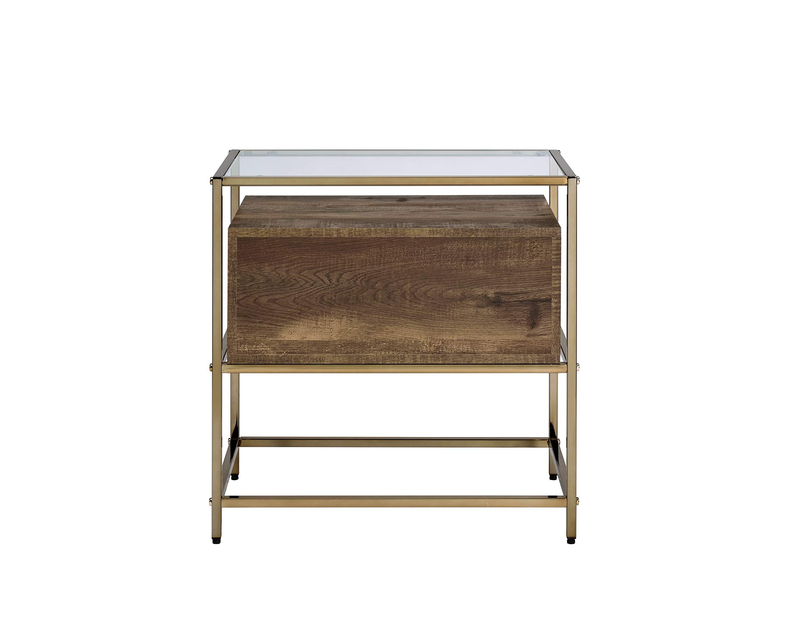 Acme Knave 2-Drawer Wooden Accent Table with Glass Top in Walnut and Champagne