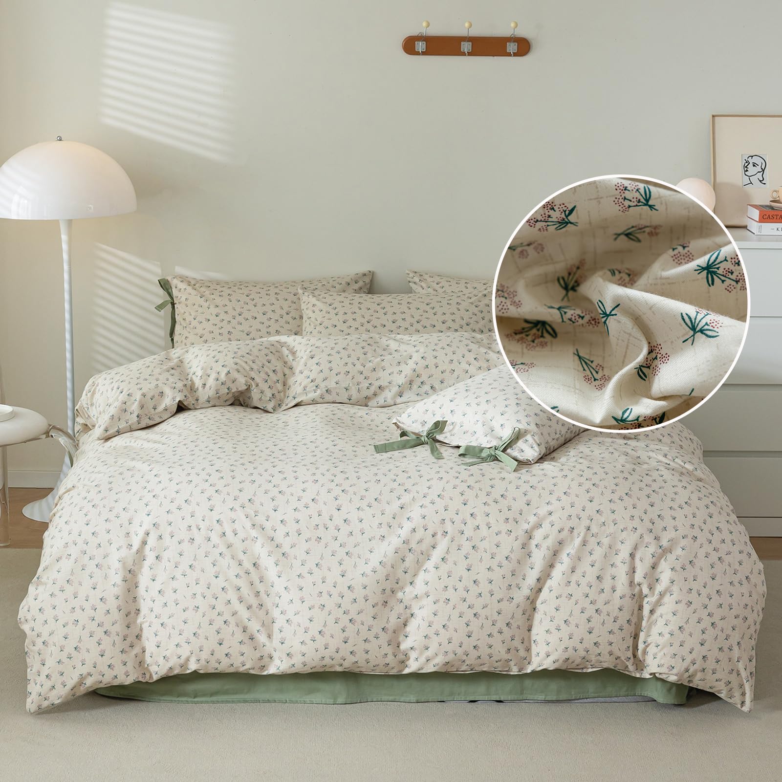 Vintage Style Duvet Cover Queen 100% Cotton Green Floral Print Duvet Cover Flower Botanical Bedding Sets Cottagecore Floral Comf