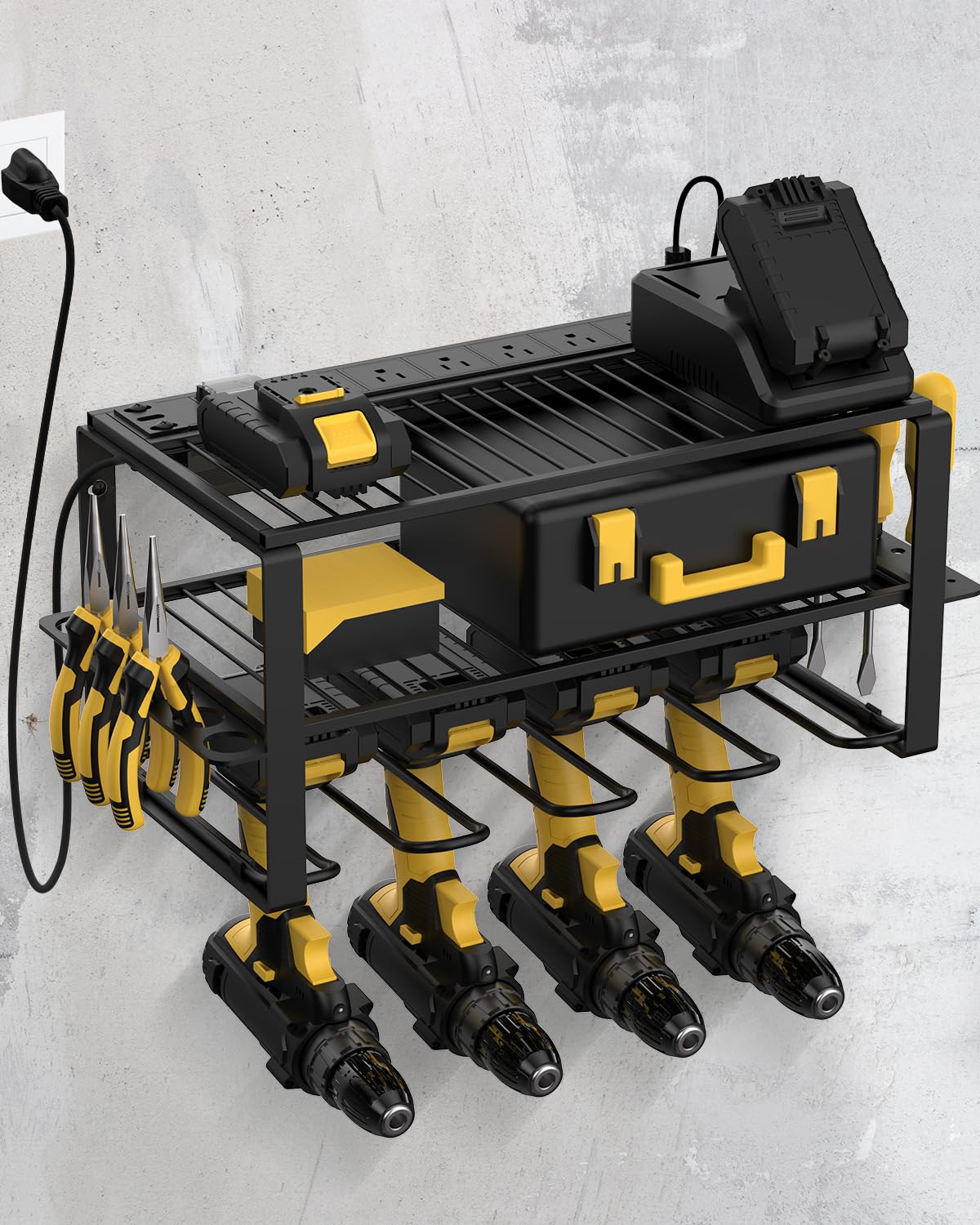 Wall Mount Power Tool Organizer And Charging Station - 6 Ac Outlets, 3 Layers For Drills, Great As Heavy Duty Garage Tool Rack