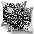 Kawani Black Pillow Covers 18X18 In Black White Grey Dahlias Floral Geometric Couch Pillow Cases With Zipper Set Of 2 Farmhouse
