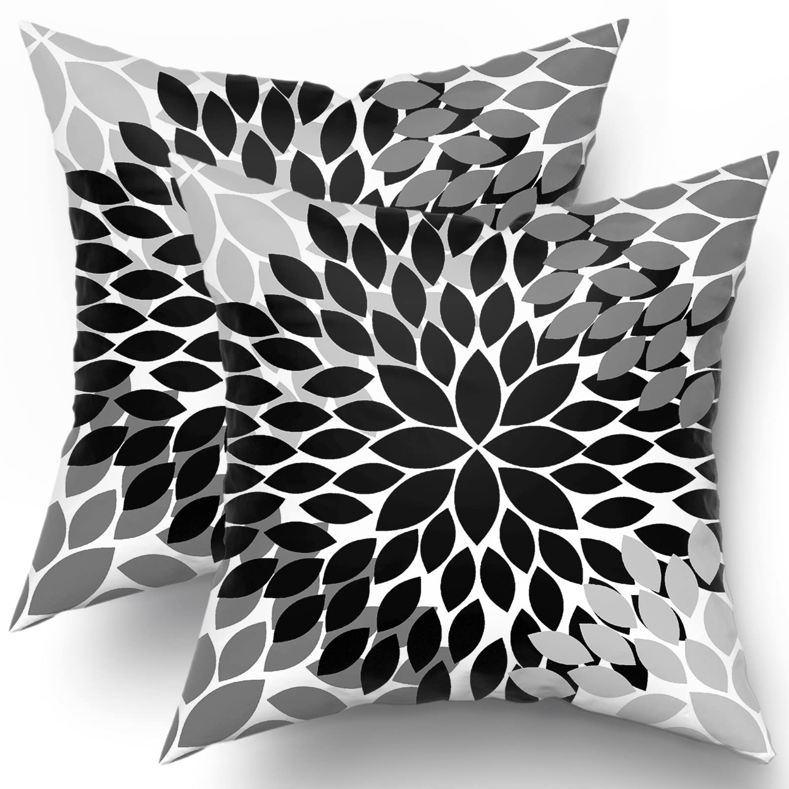 Kawani Black Pillow Covers 18X18 In Black White Grey Dahlias Floral Geometric Couch Pillow Cases With Zipper Set Of 2 Farmhouse