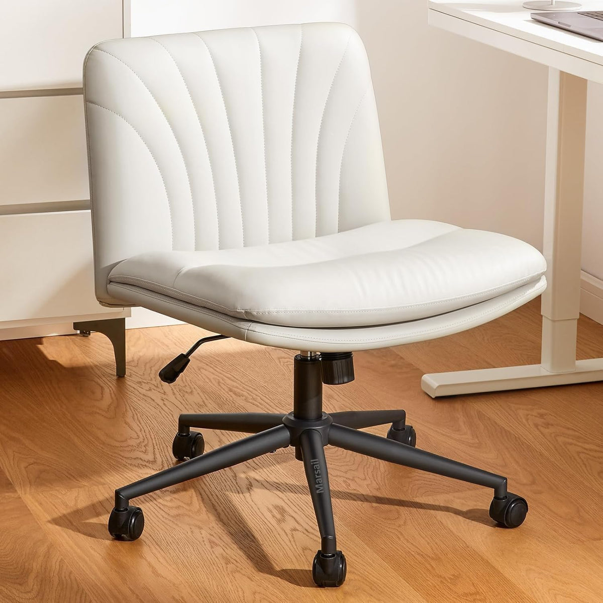 Marsail Armless-Office Desk Chair With Wheels: Pu Leather Cross Legged Wide Chair,Comfortable Adjustable Swivel Computer Task Chairs For Home,Office,Make Up,Small Space,Bed Room(Light Beige)