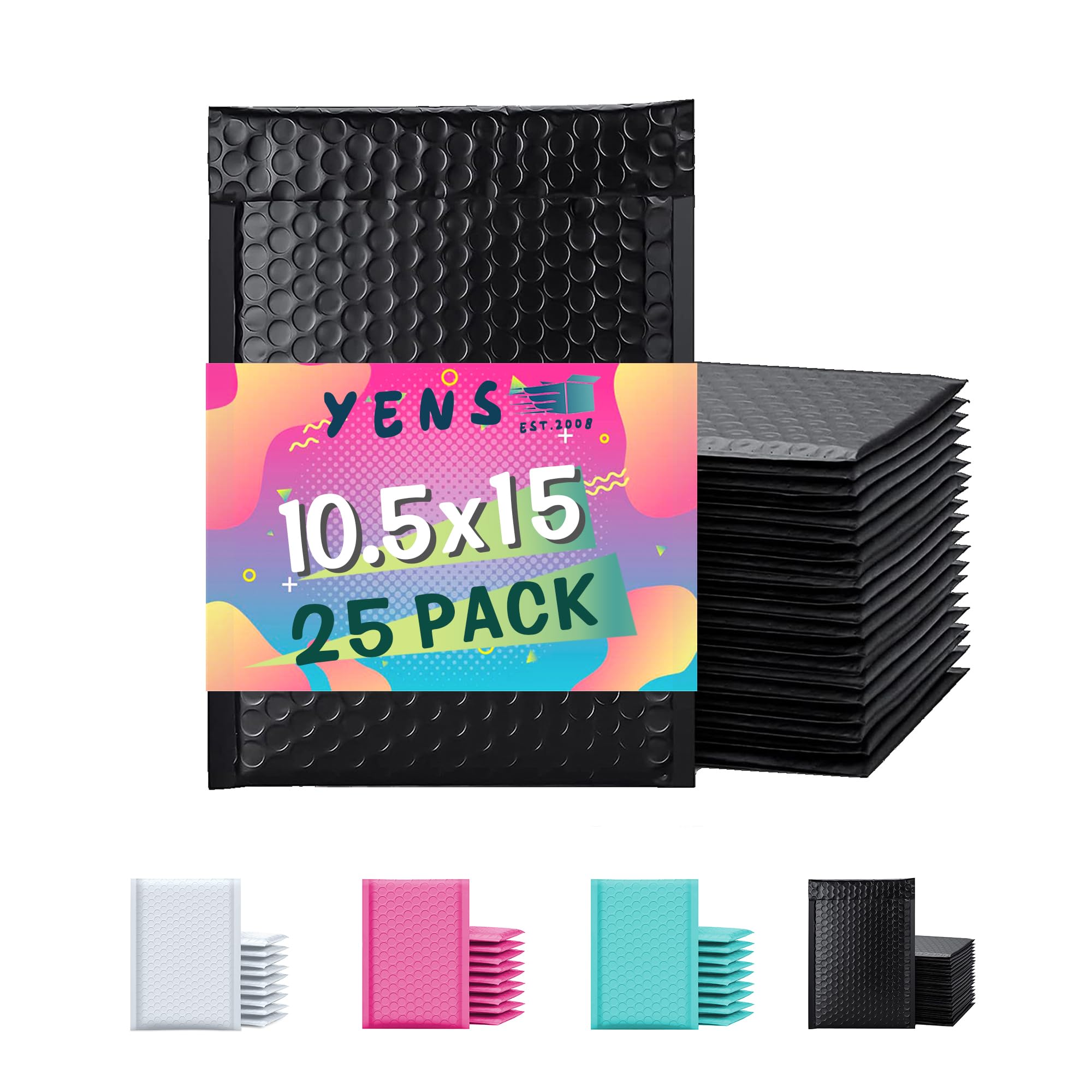 Yens Poly Bubble Mailers 10.5X16 25 Pack Black Waterproof Self Seal Adhesive Shipping Bags, Cushioning Padded Envelopes For Ship