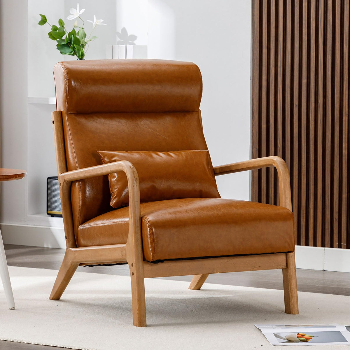 ANJHOME Mid Century Modern Accent Chair with High Back, Single Lounge Armchair with Solid Wood Frame, Comfy Reading Chair for Li