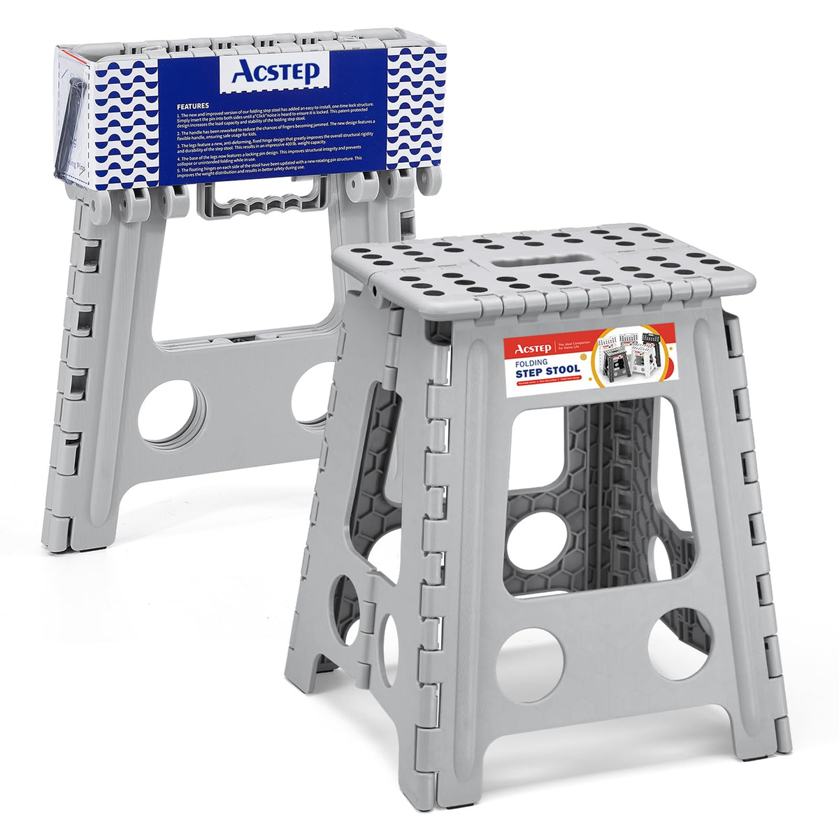 Acstep Folding Step Stool 16 Inch Heavy Duty Step Stool Foldable For Adults And Kids, Collapsible Stepping Stool With Handle, Non Slip Folding Stools For Kitchen Hold Up To 400Lbs (Grey 1Pc)